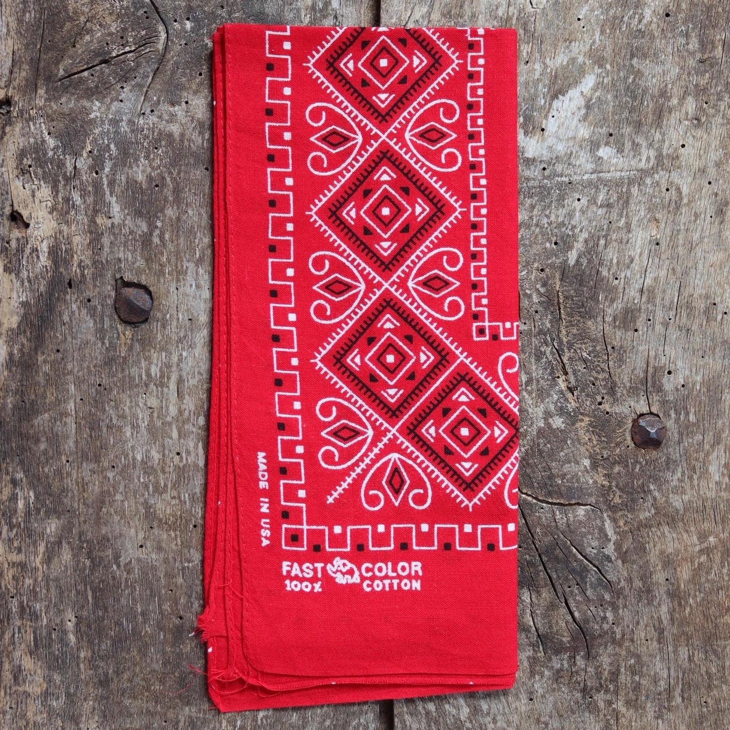 Vintage 1960s red cotton bandana - trunk up Elephant brand - colourfast neckerchief - squash blossom design - Davis and Catterall