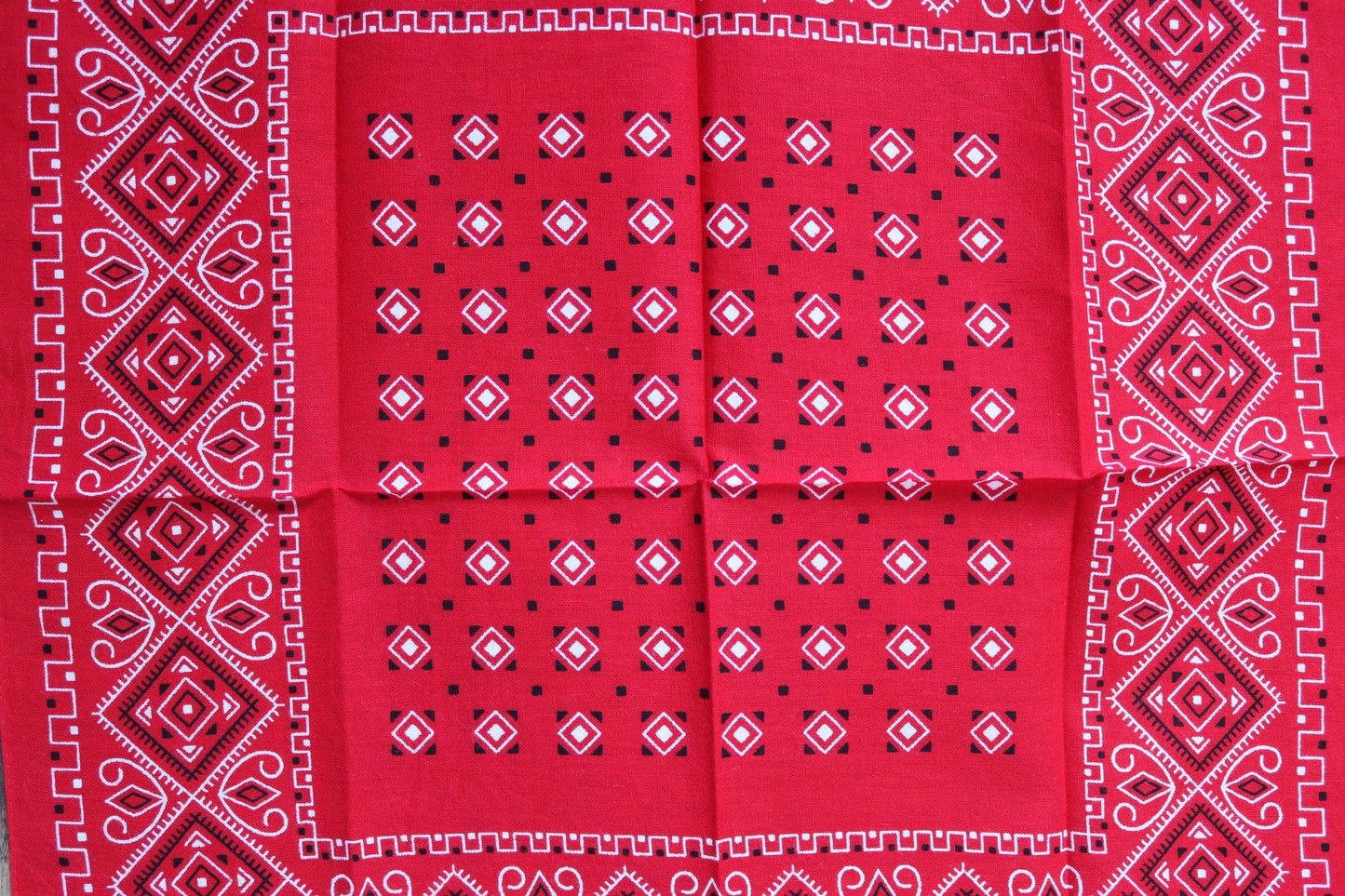 Vintage 1960s red cotton bandana - trunk up Elephant brand - colourfast neckerchief - squash blossom design - Davis and Catterall