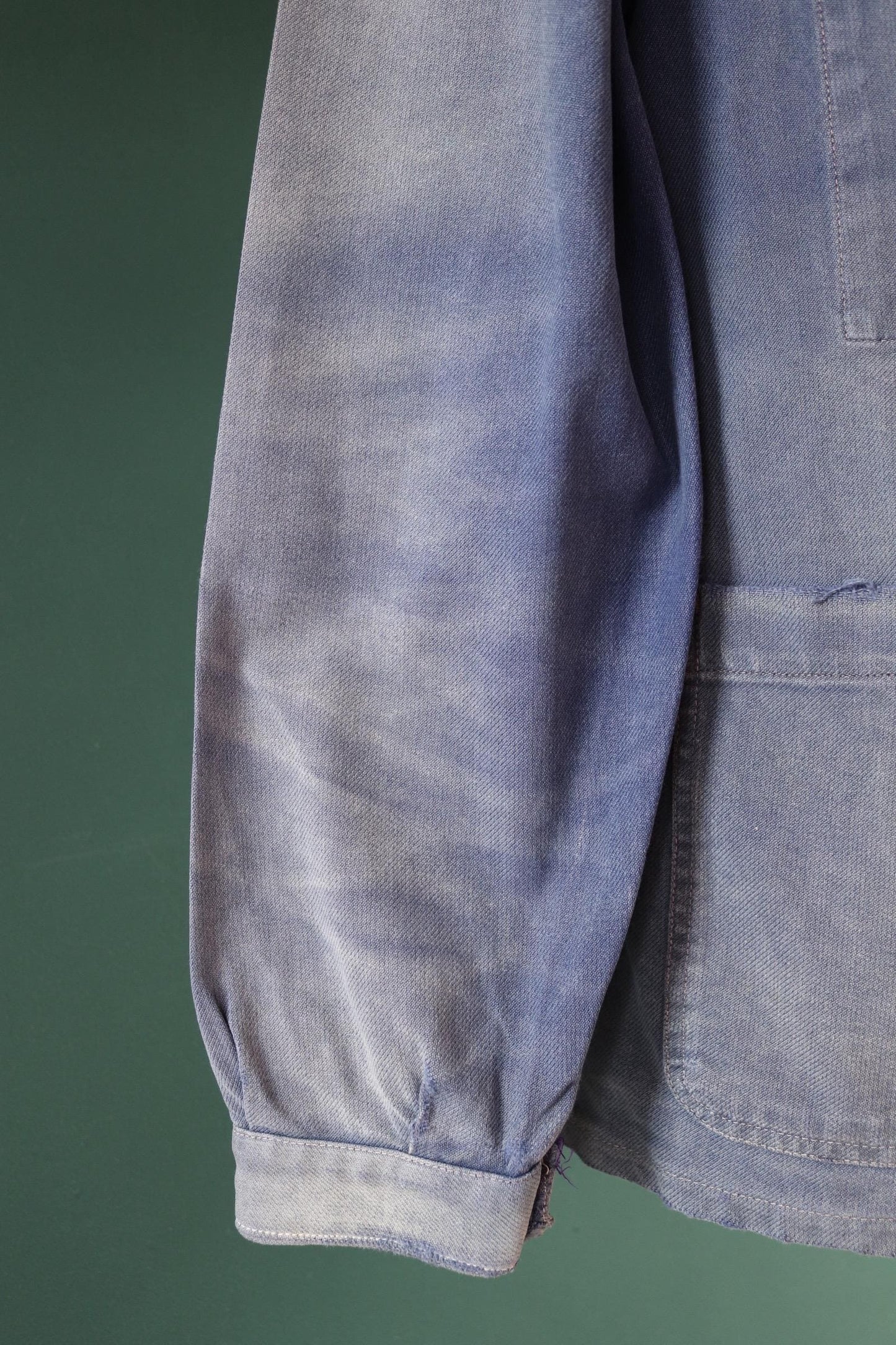 Vintage French blue workwear jacket - 1960s chore coat - 45” chest - bleu de travail - whisker fade - blue cotton twill