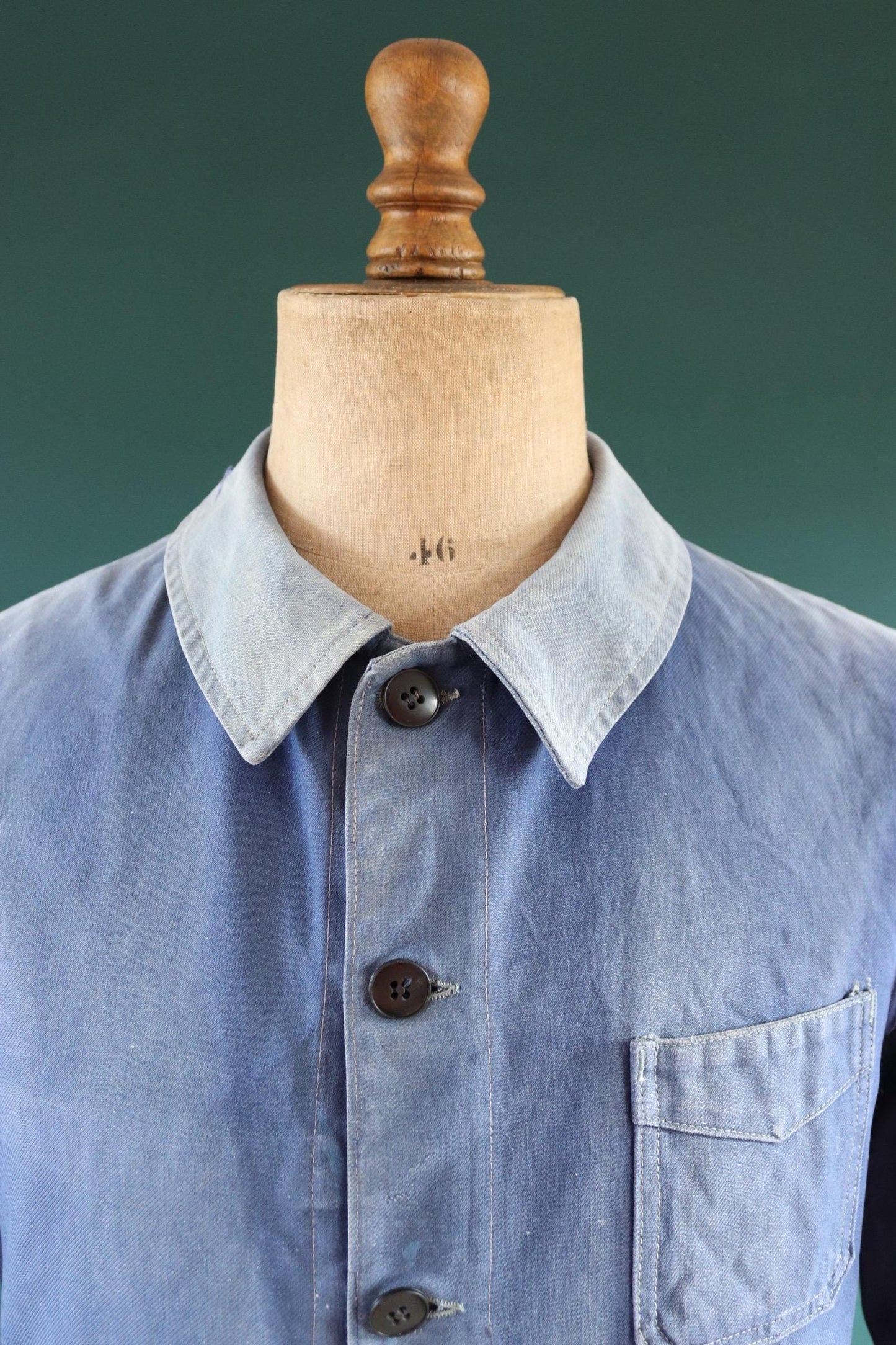 Vintage French blue workwear jacket - 1940s chore coat - 41” chest - sun faded - bleu de travail - blue cotton twill