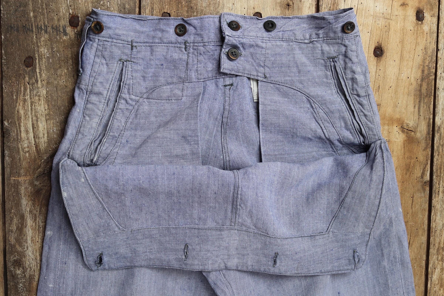 Vintage 1950s French linen trousers - military workwear - sailor pants - wide leg - fall front - 29” x 27” - Marine Nationale