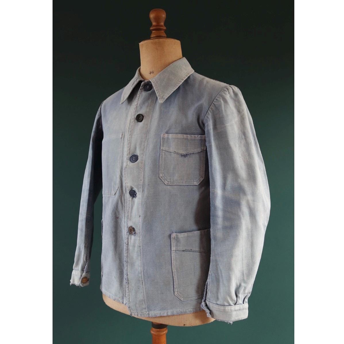 Vintage 1940s French blue workwear jacket - faded cotton twill - 41” chest - bleu de travail