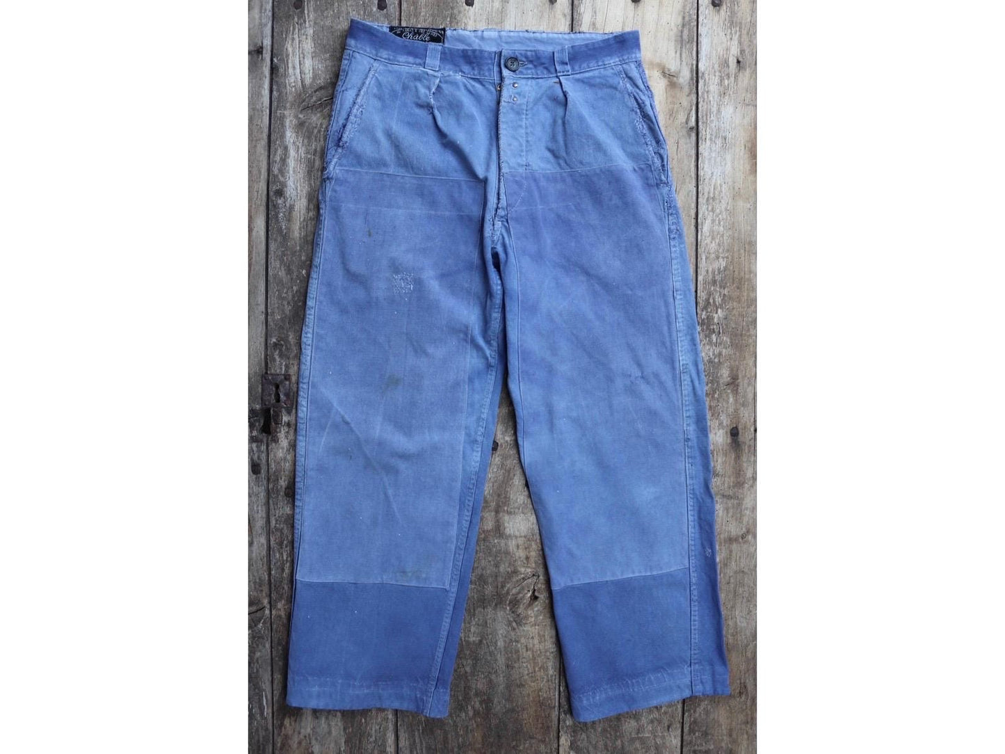 Vintage French workwear trousers - patched and repaired - blue cotton twill pants - 1950s chore - 32” x 27”