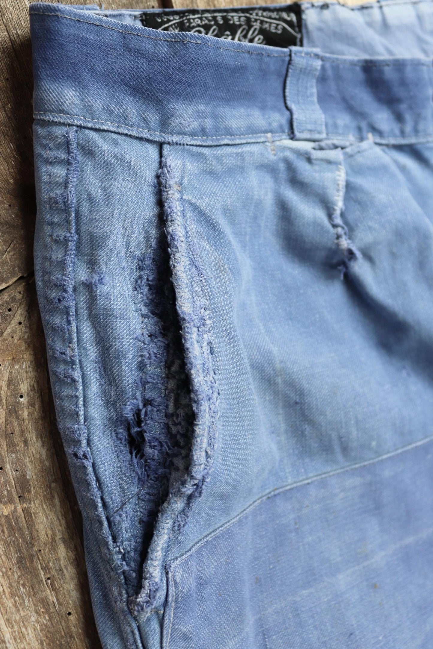 Vintage French workwear trousers - patched and repaired - blue cotton twill pants - 1950s chore - 32” x 27”