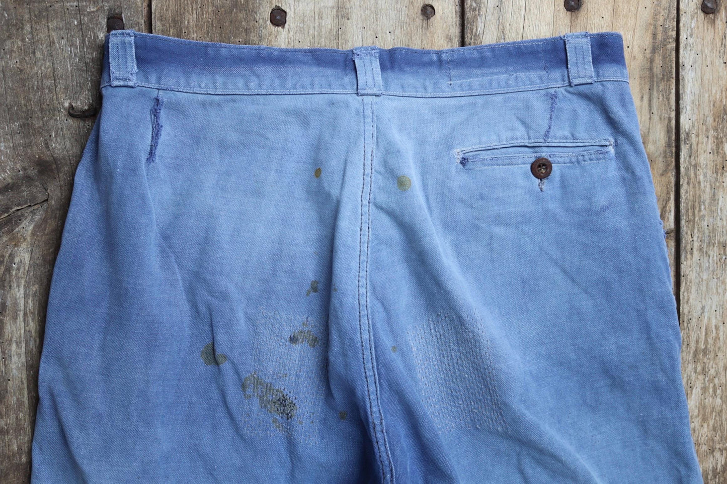 Vintage French workwear trousers - patched and repaired - blue cotton twill pants - 1950s chore - 32” x 27”