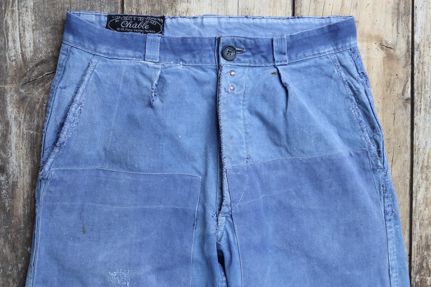 Vintage French workwear trousers - patched and repaired - blue cotton twill pants - 1950s chore - 32” x 27”
