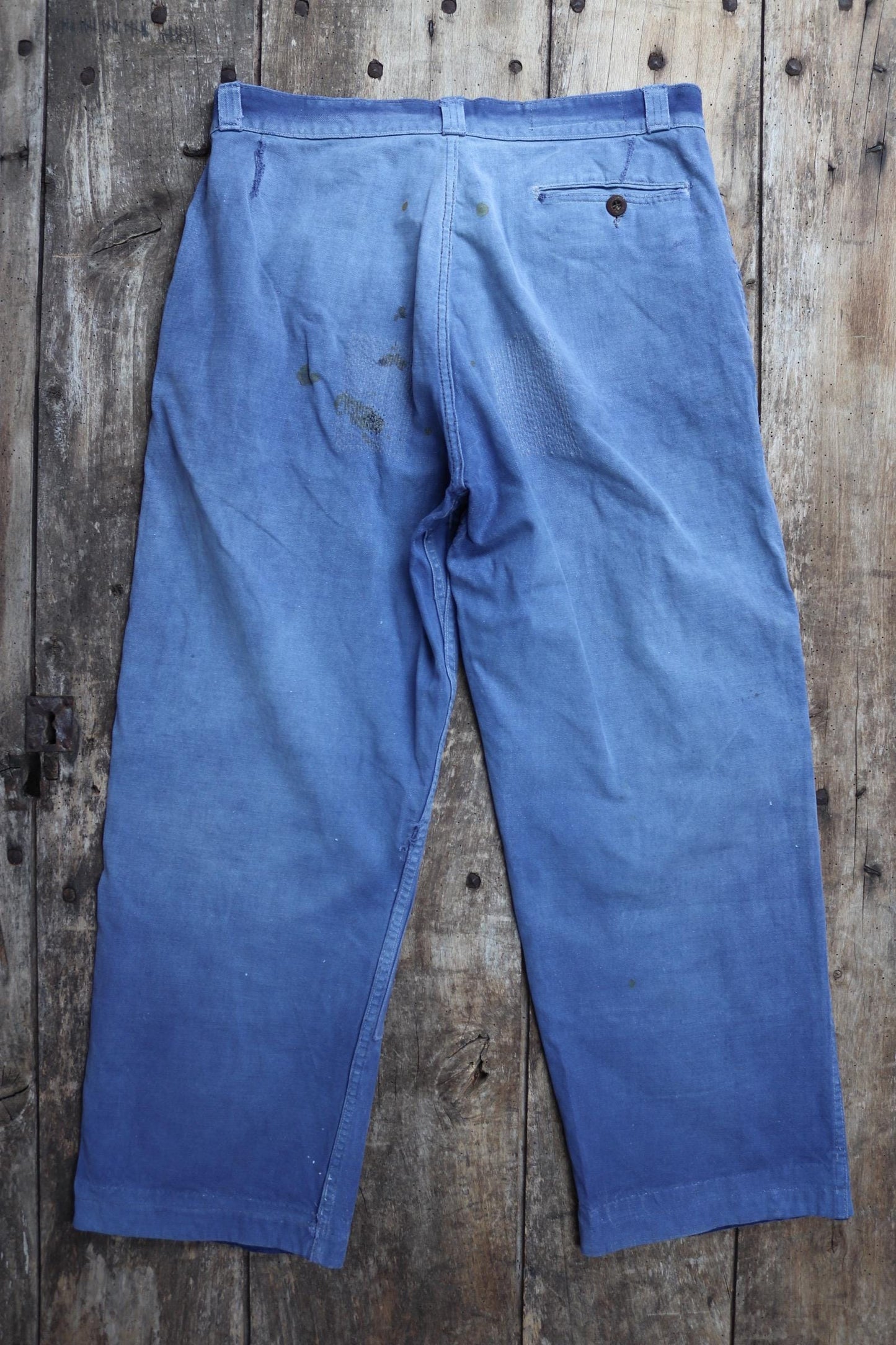 Vintage French workwear trousers - patched and repaired - blue cotton twill pants - 1950s chore - 32” x 27”