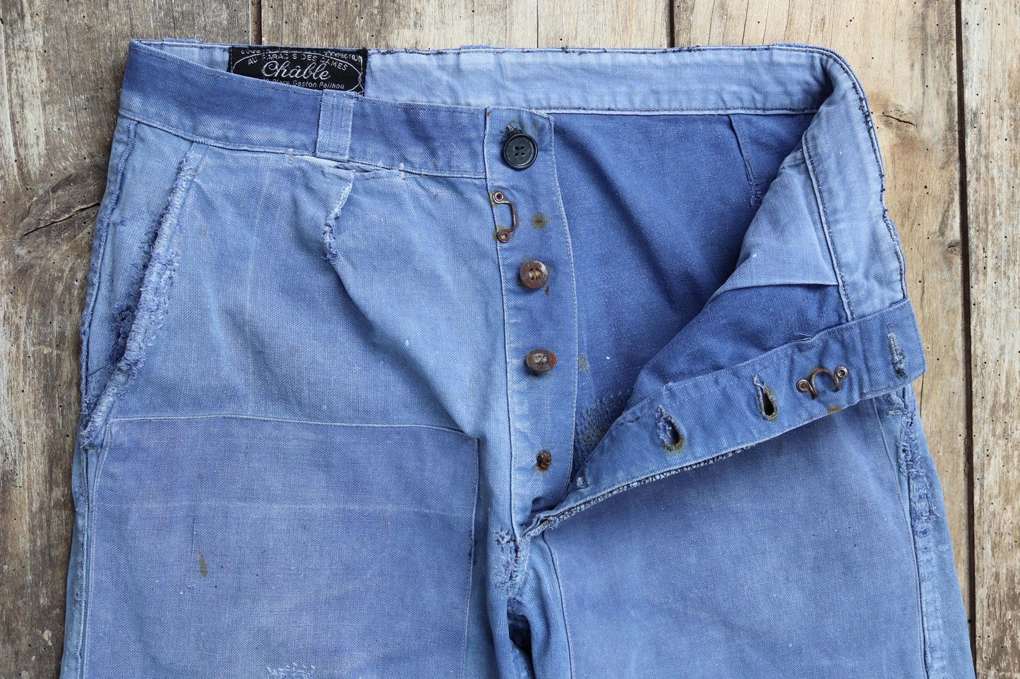 Vintage French workwear trousers - patched and repaired - blue cotton twill pants - 1950s chore - 32” x 27”