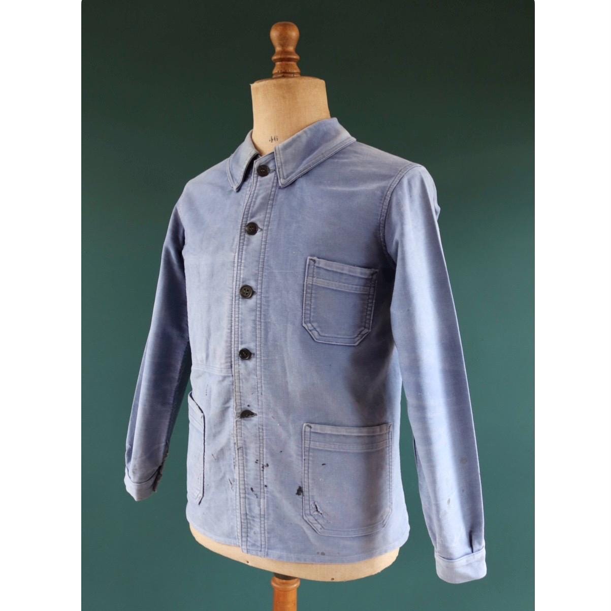 Vintage French blue moleskin workwear jacket - sun faded chore coat - 40” chest - bleu de travail