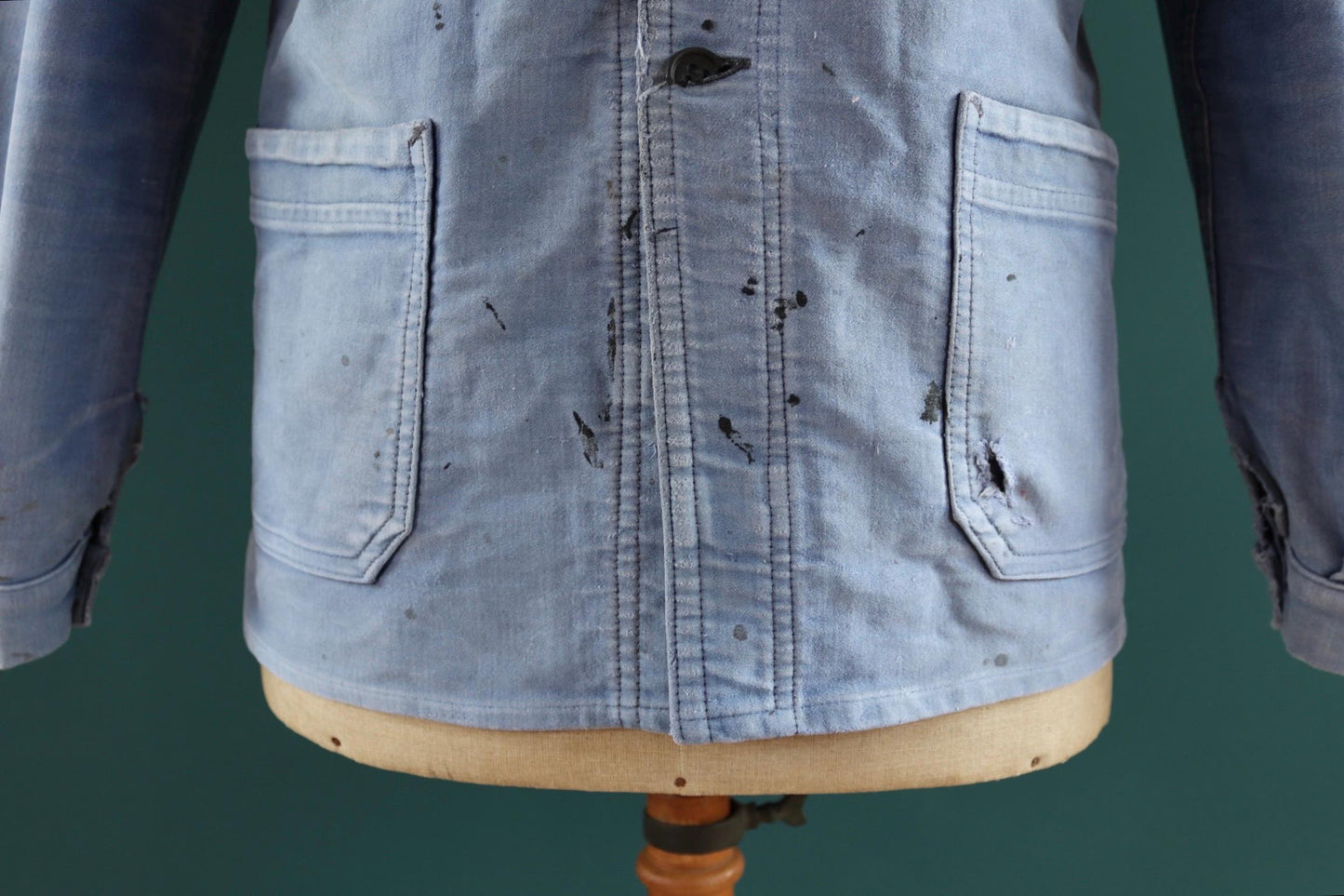 Vintage French blue moleskin workwear jacket - sun faded chore coat - 40” chest - bleu de travail