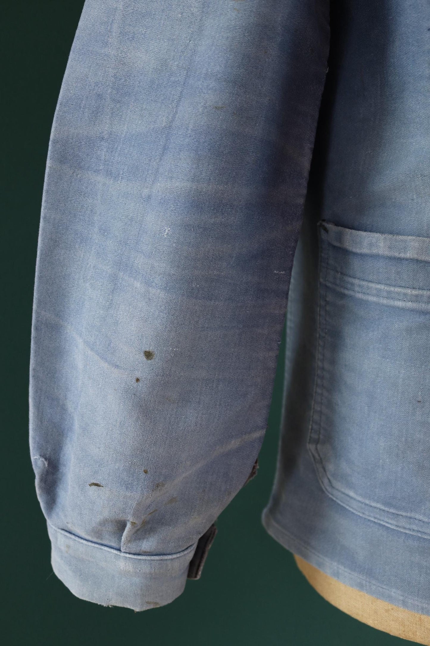 Vintage French blue moleskin workwear jacket - sun faded chore coat - 40” chest - bleu de travail