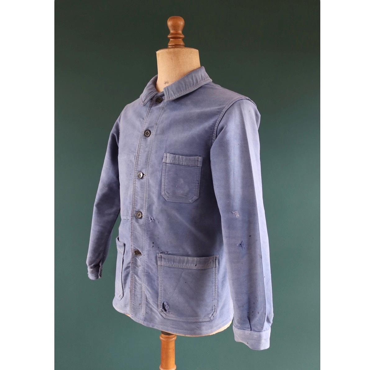 Vintage French blue moleskin workwear jacket - sun faded chore coat - 41” chest - bleu de travail