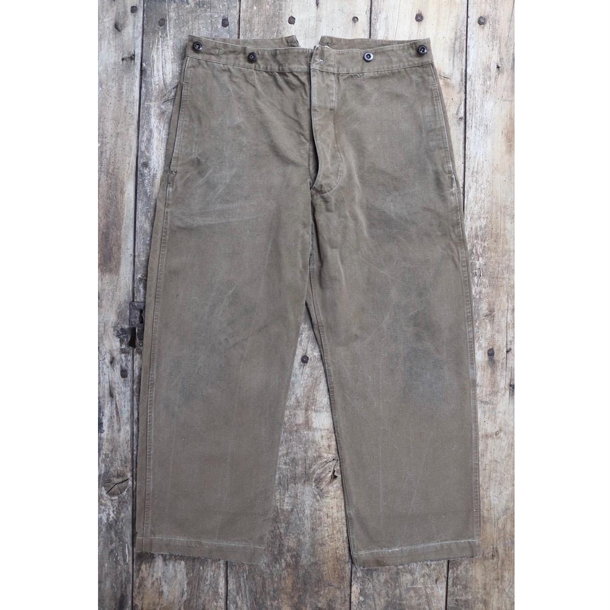 Vintage 1950s French brown cotton workwear trousers - chore pants - 36” x 26” - buckle back