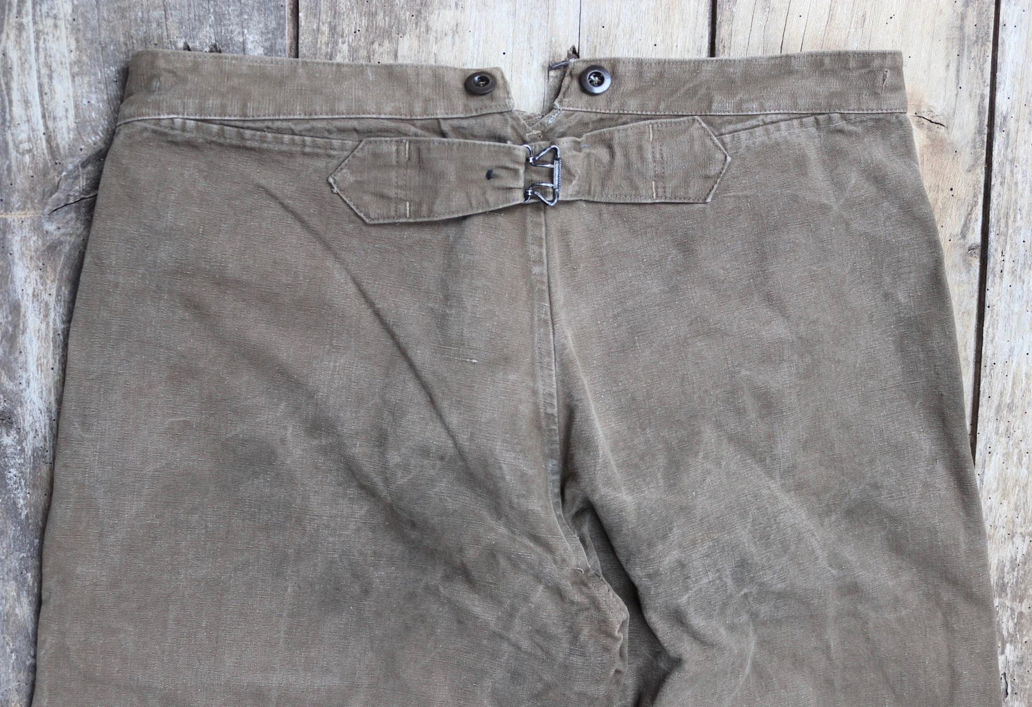 Vintage 1950s French brown cotton workwear trousers - chore pants - 36” x 26” - buckle back