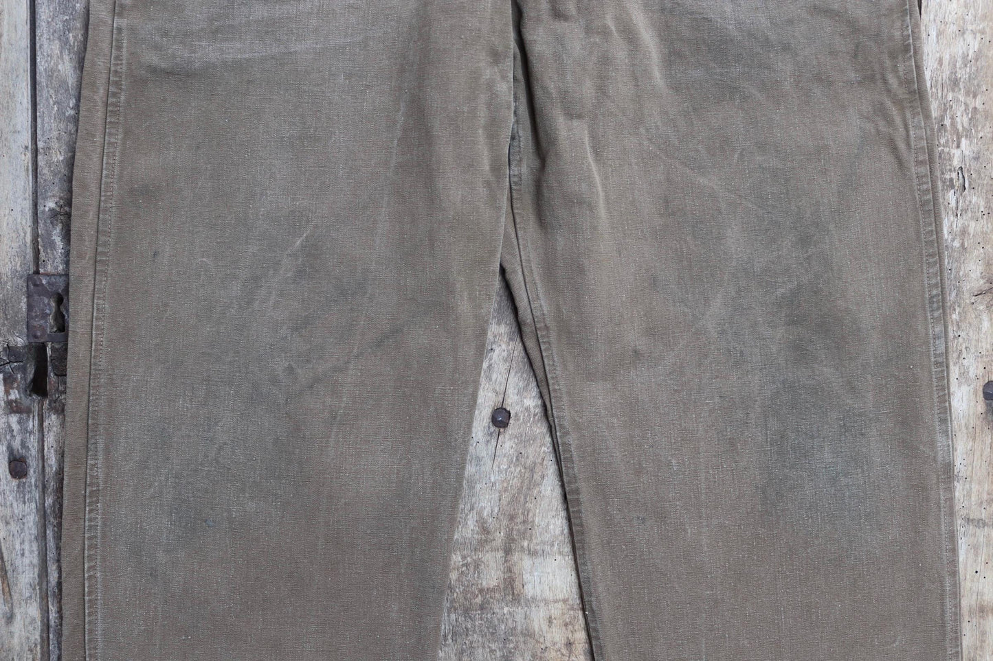 Vintage 1950s French brown cotton workwear trousers - chore pants - 36” x 26” - buckle back
