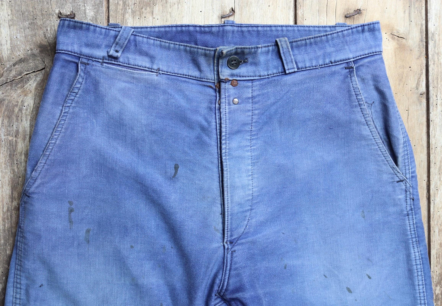 Vintage 1950s 60s French indigo blue moleskin cotton workwear trousers - chore pants - 32” x 26”
