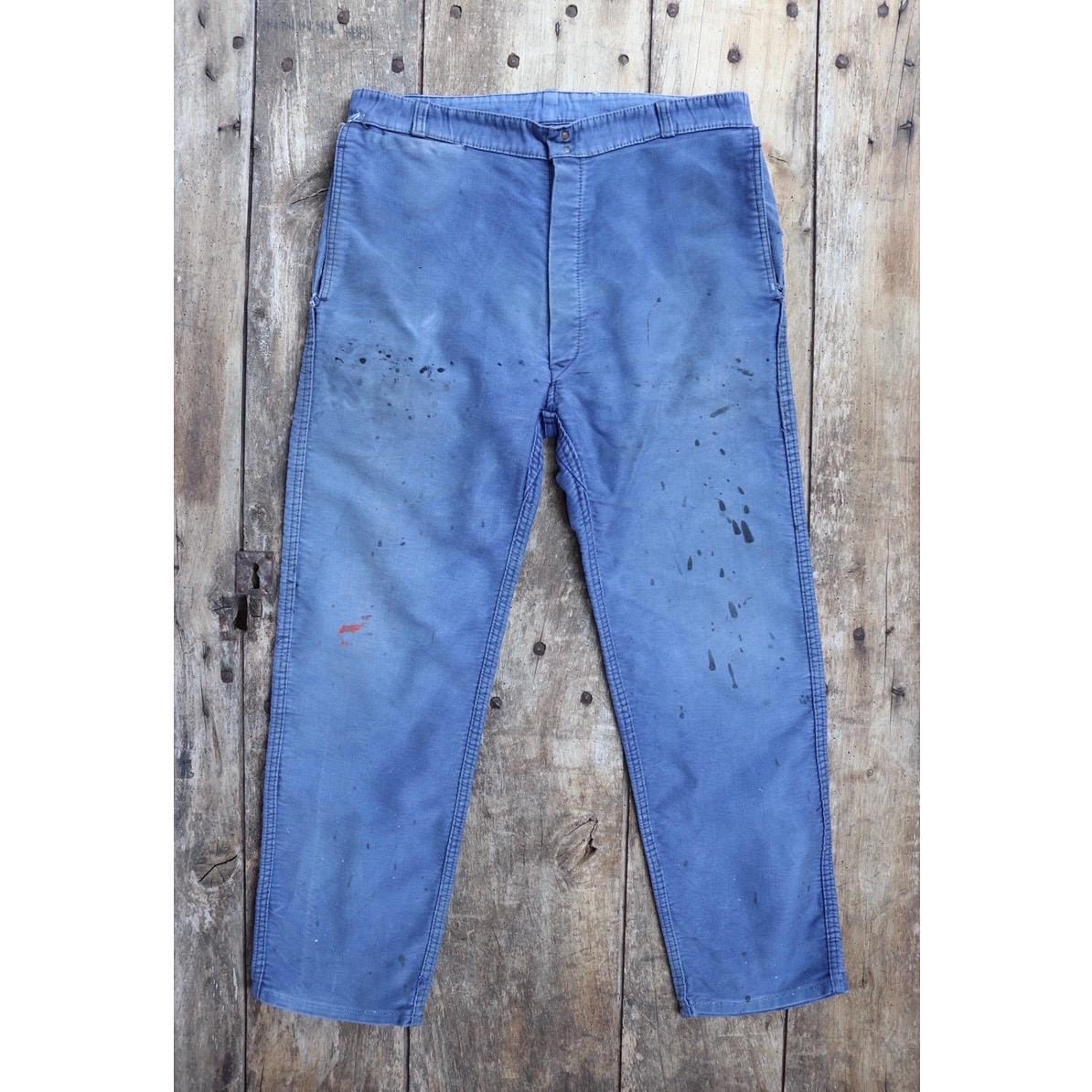 Vintage 1950s French workwear trousers - Le Mont St Michel chore pants - blue moleskin - 34” x 27”