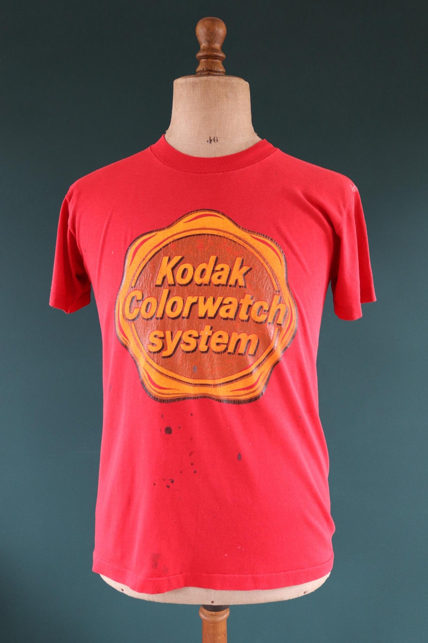 Vintage 1990s red Kodak t shirt - paint splattered - 40” chest