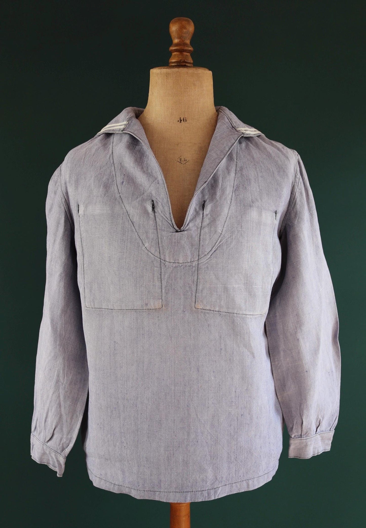 Vintage French linen shirt - 1950s Marine Nationale - Navy crackerjack bib jumper - 45” chest - military workwear - sailor top