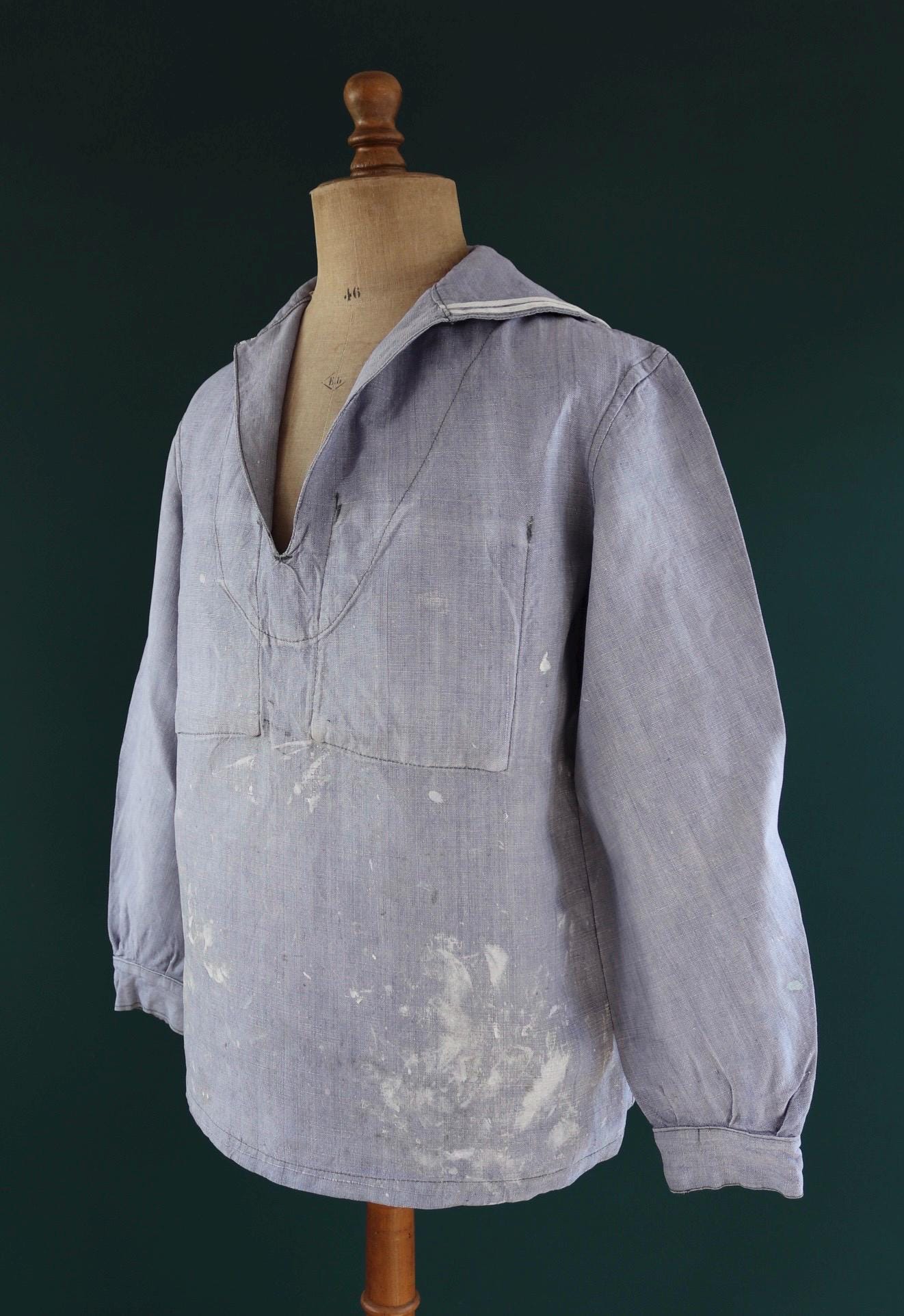 Vintage French linen shirt - 1960s Marine Nationale - Navy crackerjack bib jumper - 44” chest - military workwear - sailor top