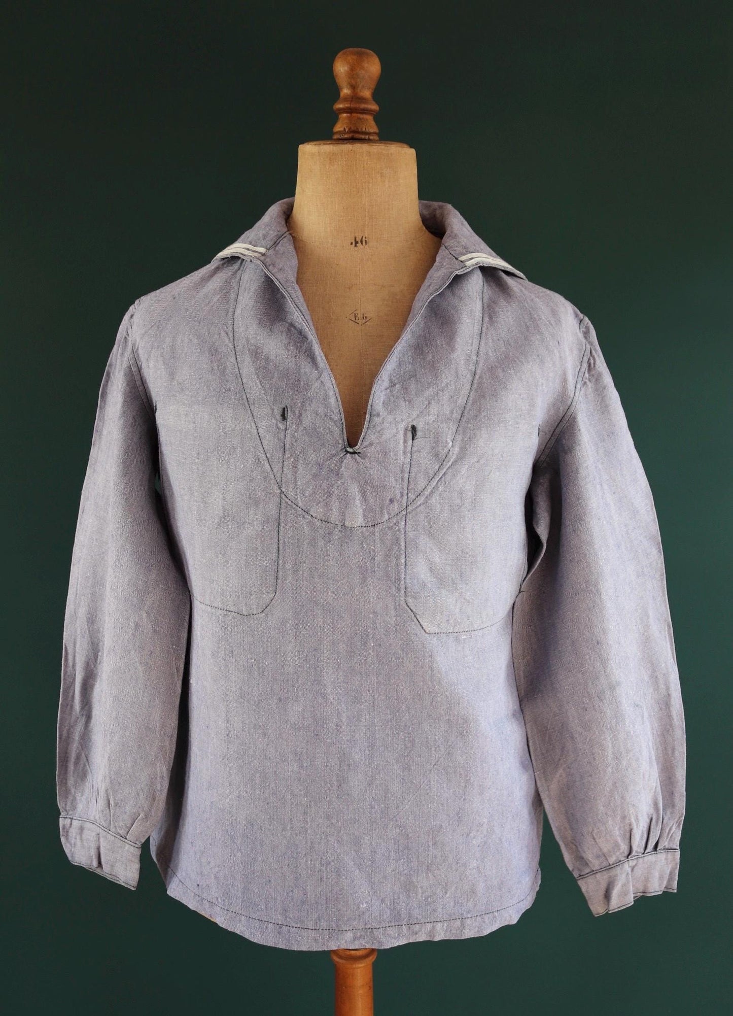 Vintage French linen shirt - 1950s Marine Nationale - Navy crackerjack bib jumper - 44” chest - military workwear - sailor top