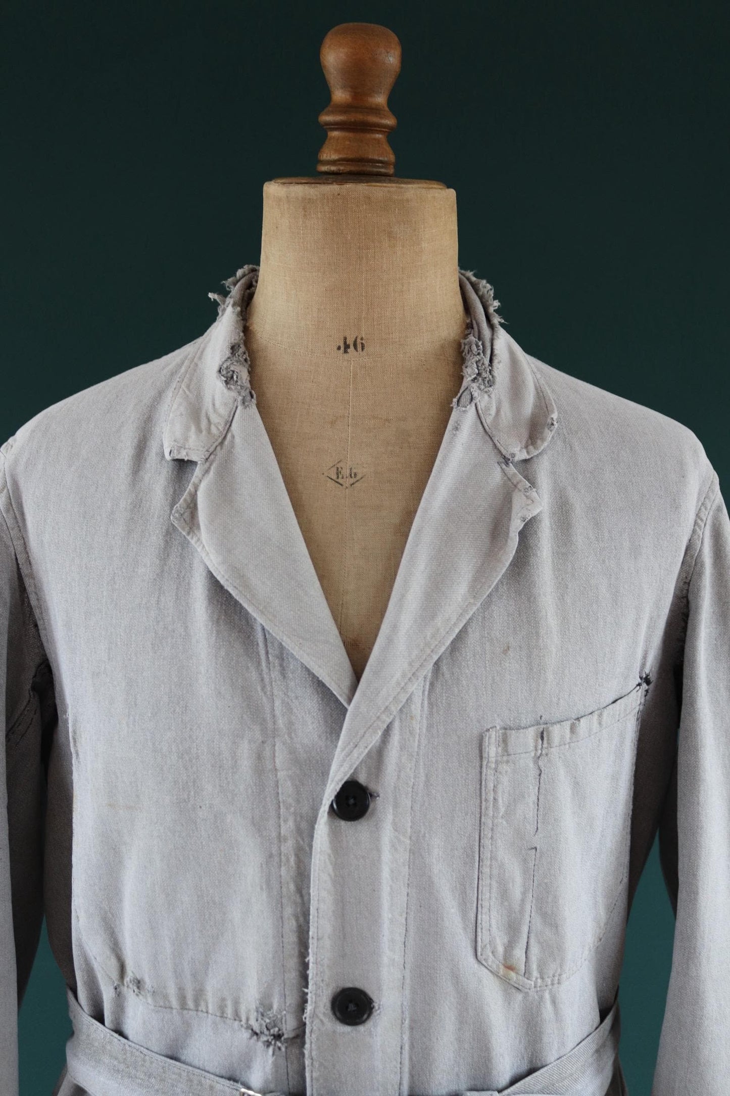 Vintage 1950s 60s French workwear jacket - selvedge overalls - salt pepper grey long belted coat - 46” chest - distressed and repaired