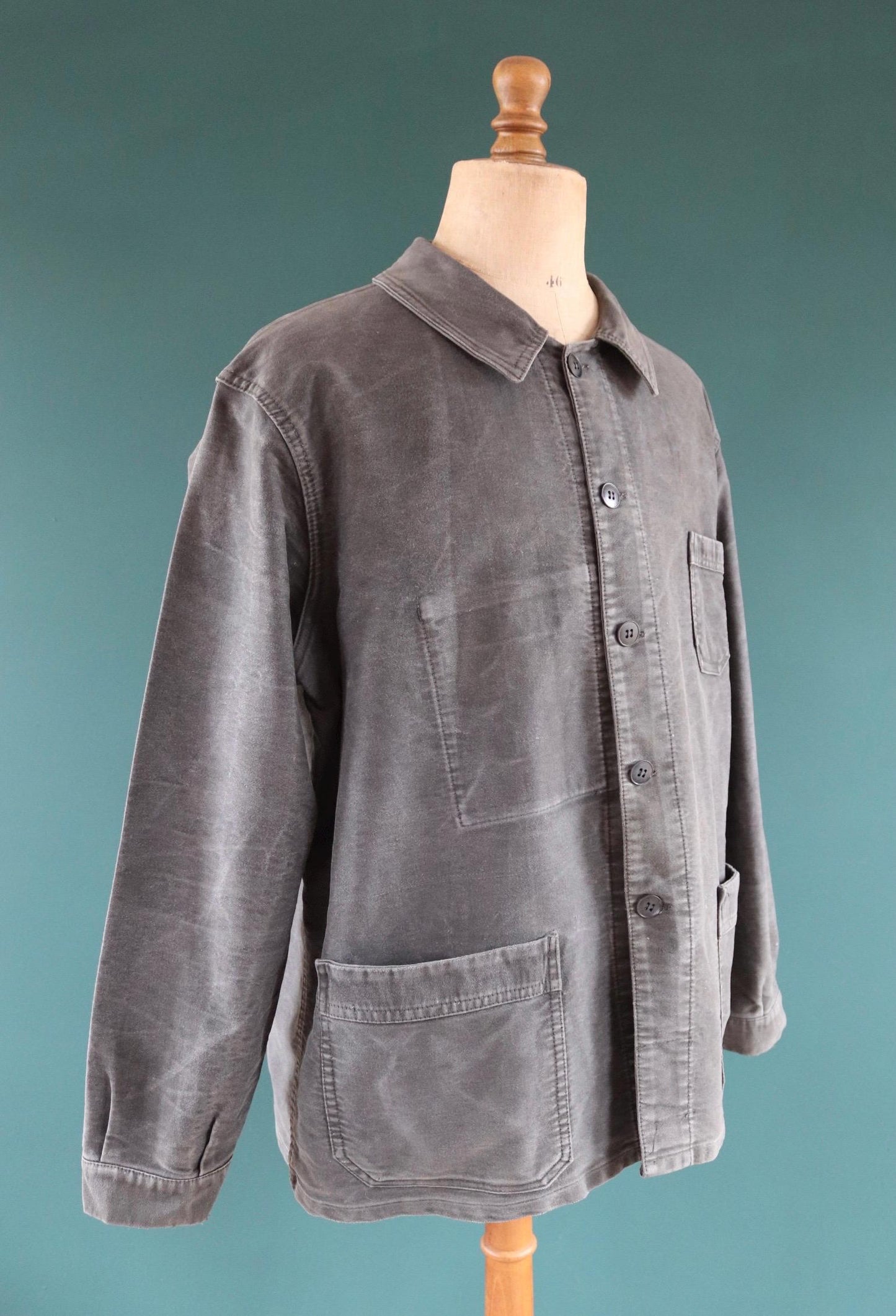 Vintage French black moleskin workwear jacket - 1960s chore coat - sun faded - 52” chest