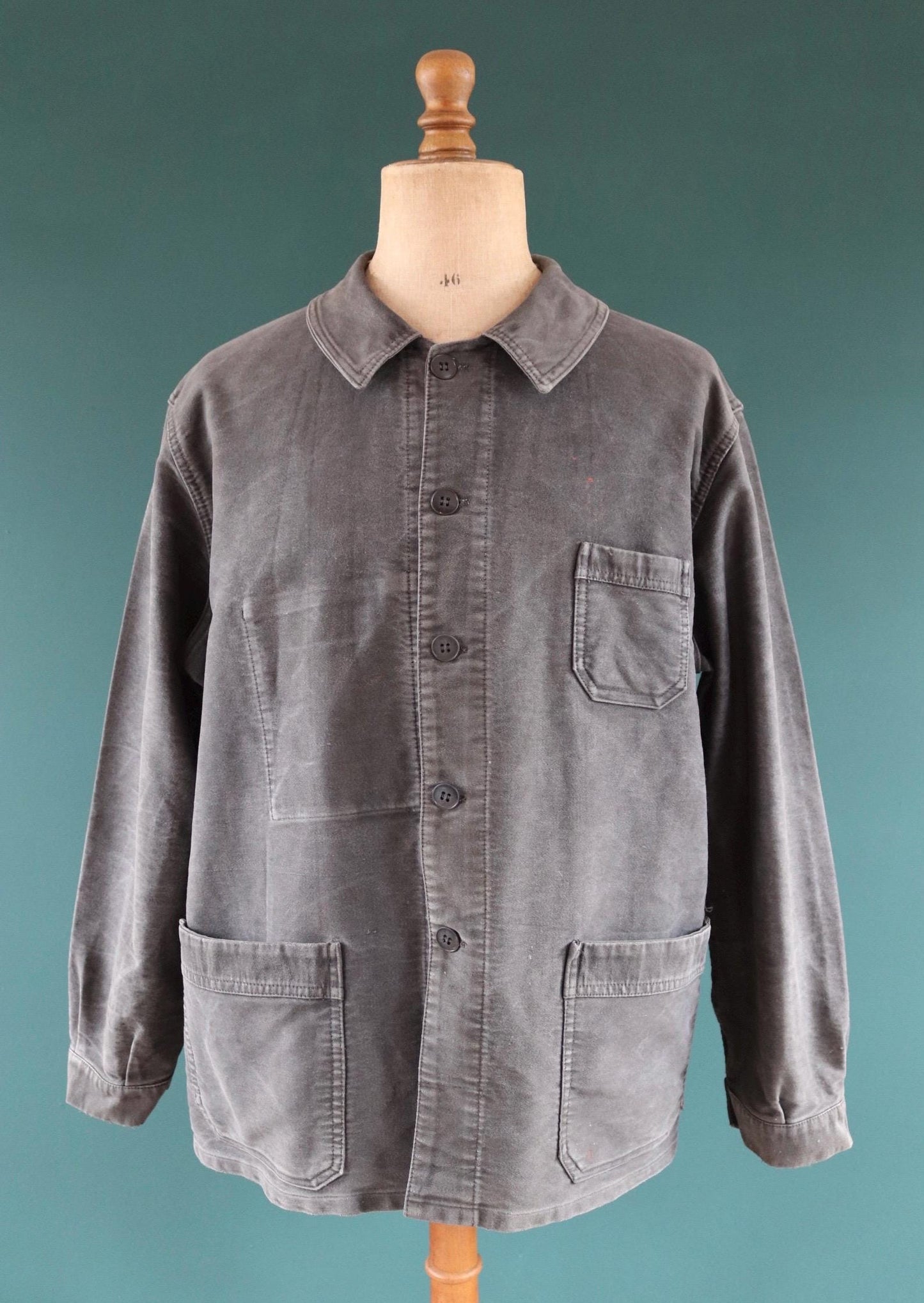 Vintage French black moleskin workwear jacket - 1960s chore coat - sun faded - 52” chest