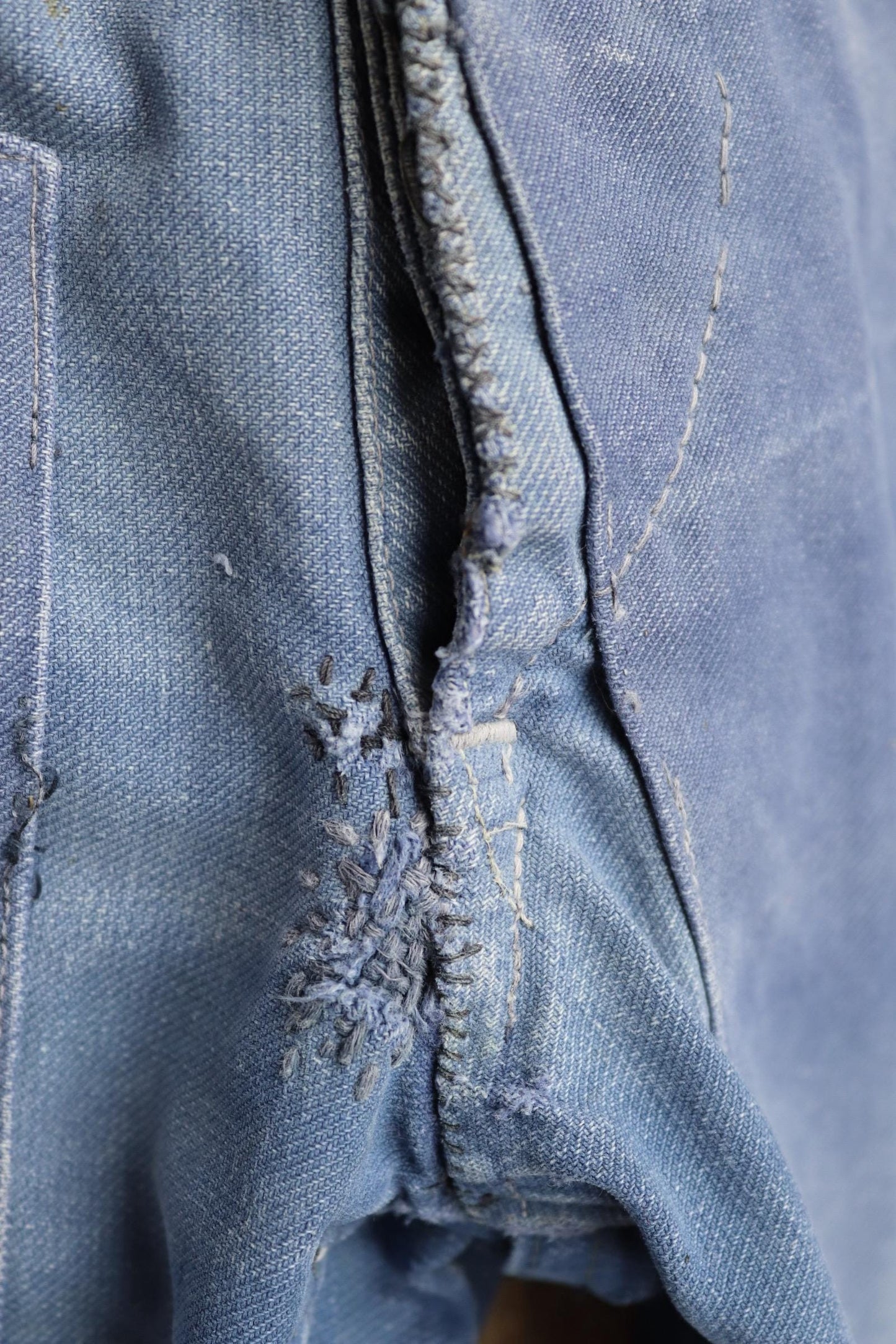 Vintage French workwear trousers - patched and repaired - blue cotton twill pants - 1950s chore - 32” x 27”