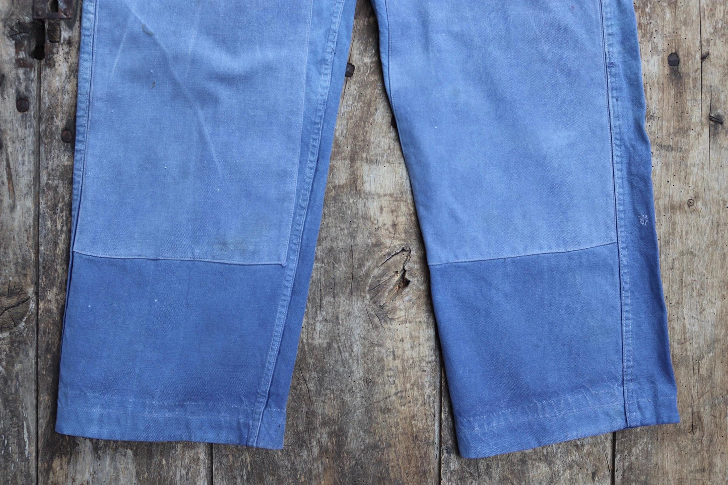 Vintage French workwear trousers - patched and repaired - blue cotton twill pants - 1950s chore - 32” x 27”