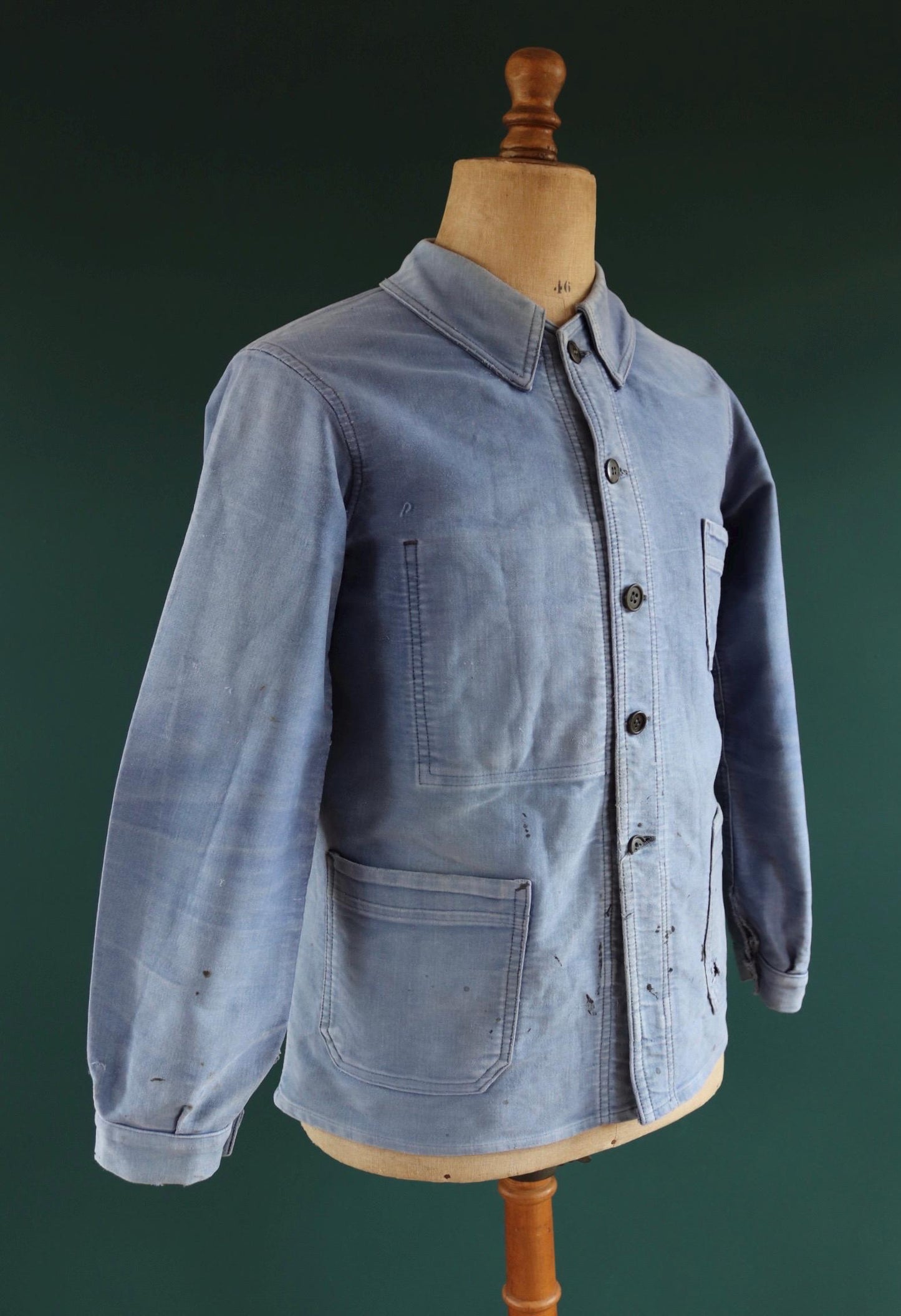 Vintage French blue moleskin workwear jacket - sun faded chore coat - 40” chest - bleu de travail