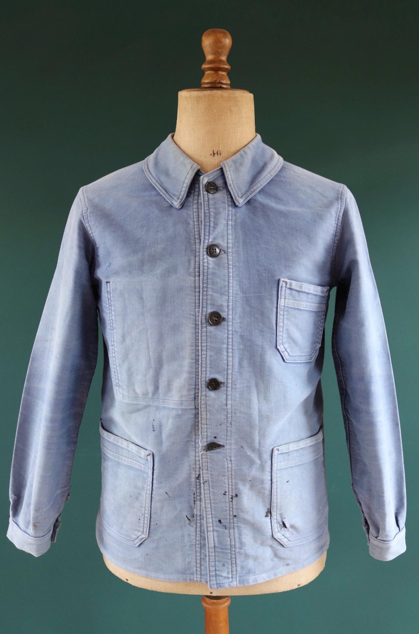 Vintage French blue moleskin workwear jacket - sun faded chore coat - 40” chest - bleu de travail