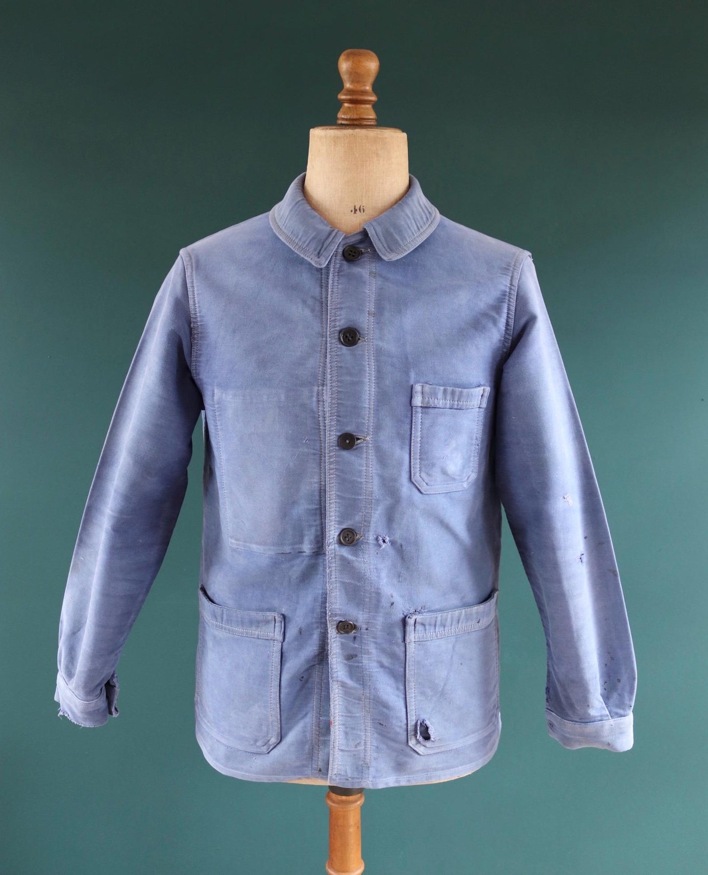 Vintage French blue moleskin workwear jacket - sun faded chore coat - 41” chest - bleu de travail