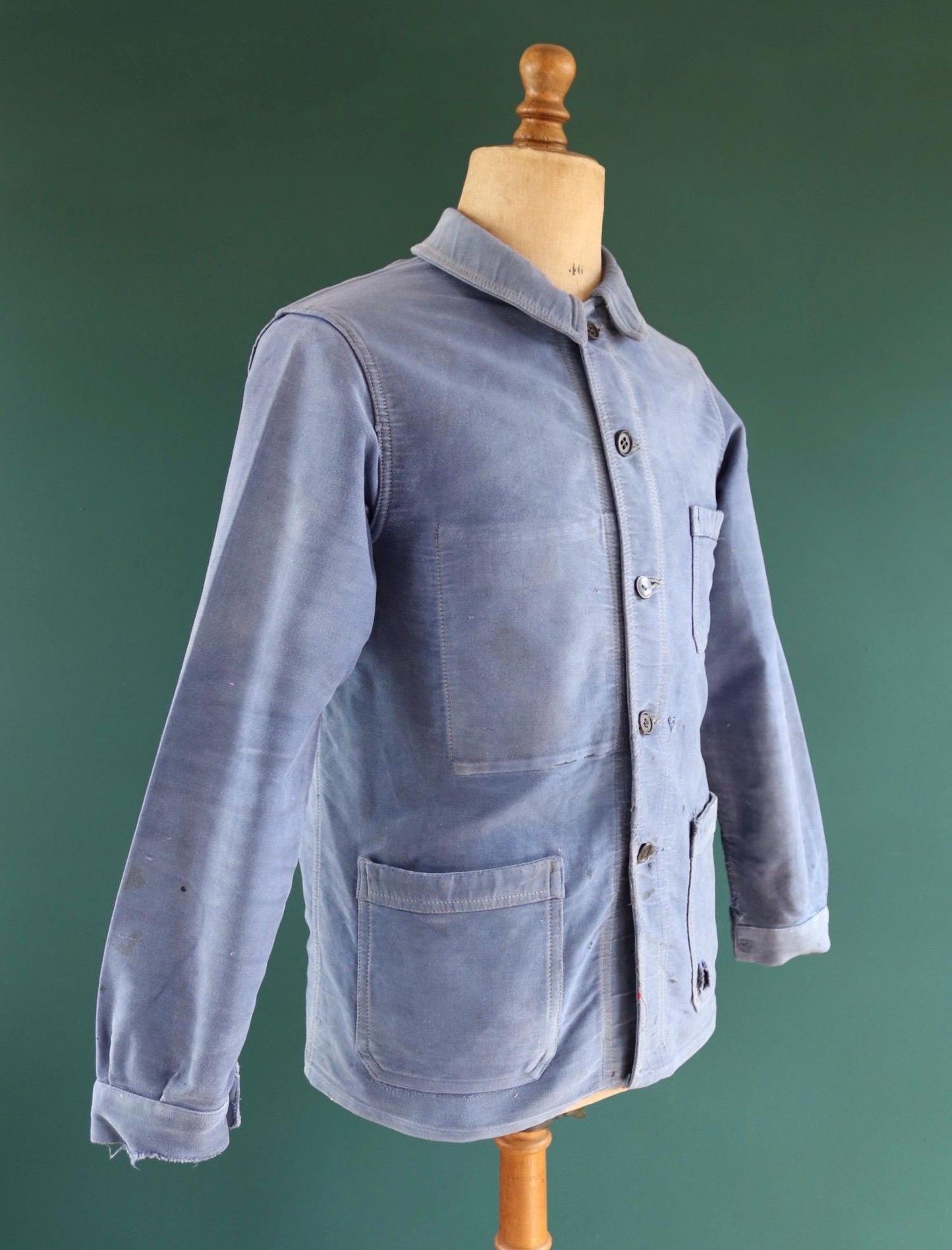 Vintage French blue moleskin workwear jacket - sun faded chore coat - 41” chest - bleu de travail