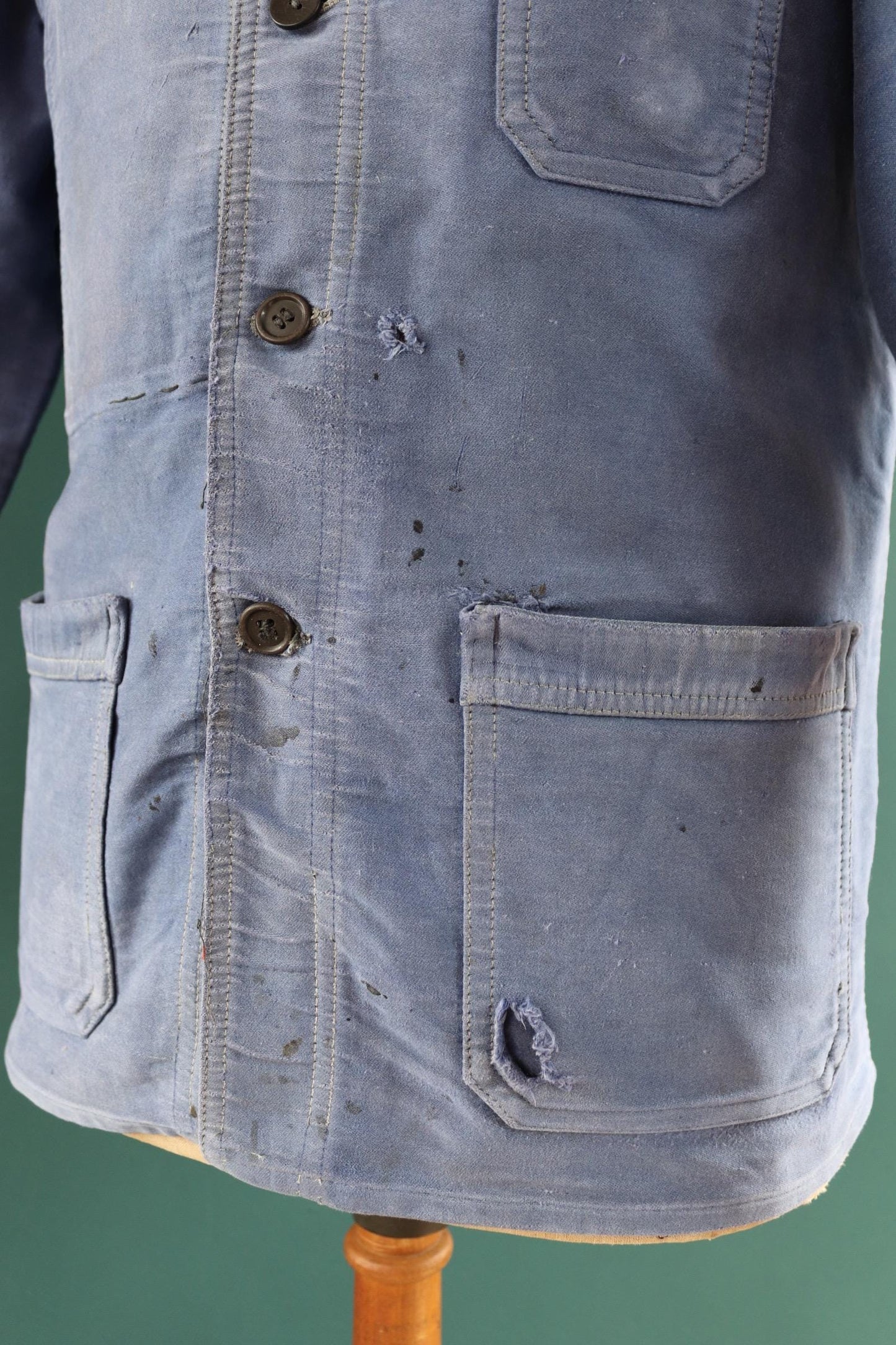 Vintage French blue moleskin workwear jacket - sun faded chore coat - 41” chest - bleu de travail