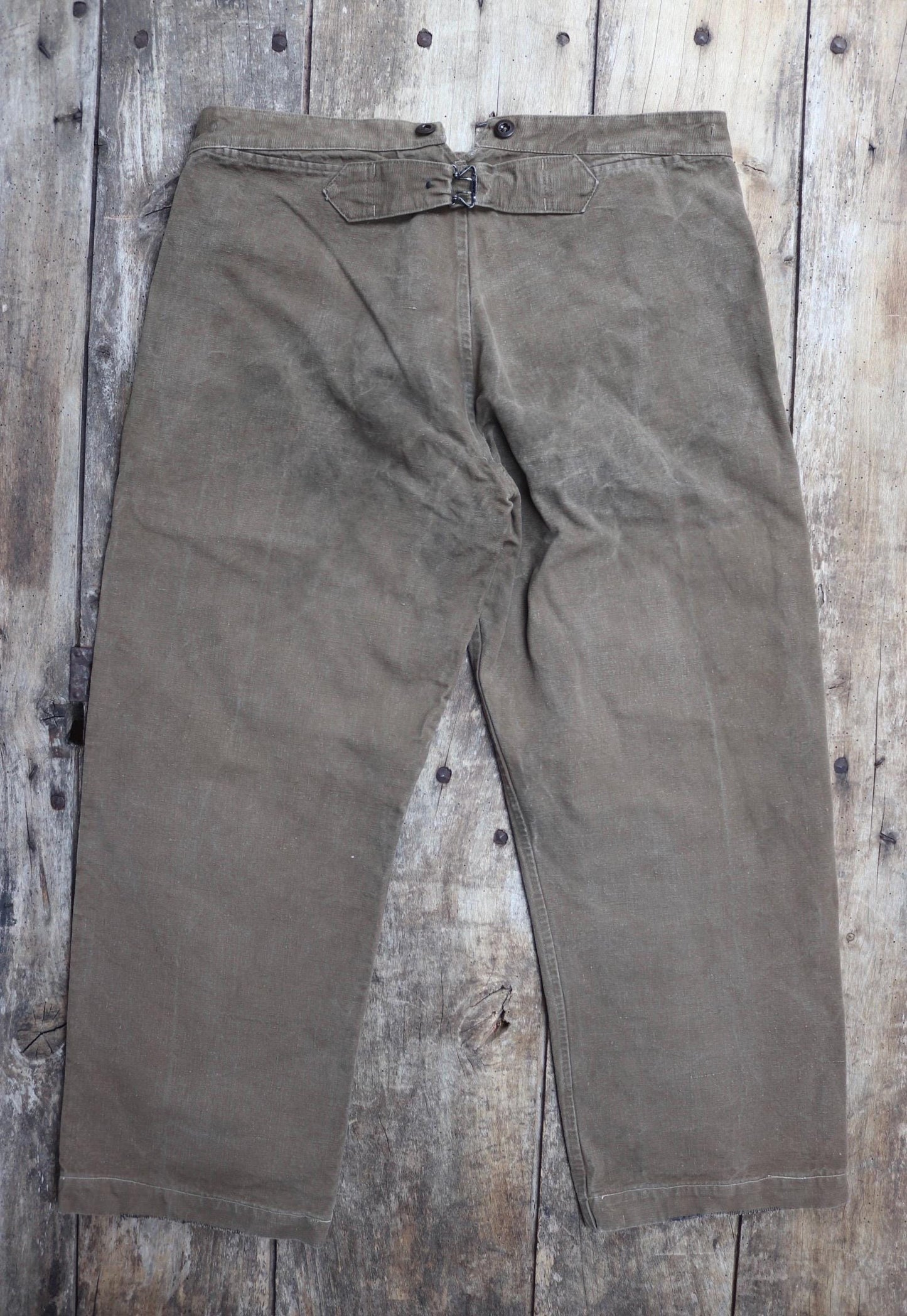 Vintage 1950s French brown cotton workwear trousers - chore pants - 36” x 26” - buckle back