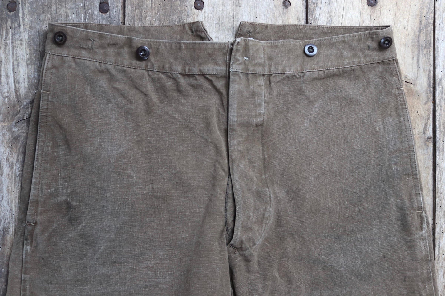 Vintage 1950s French brown cotton workwear trousers - chore pants - 36” x 26” - buckle back