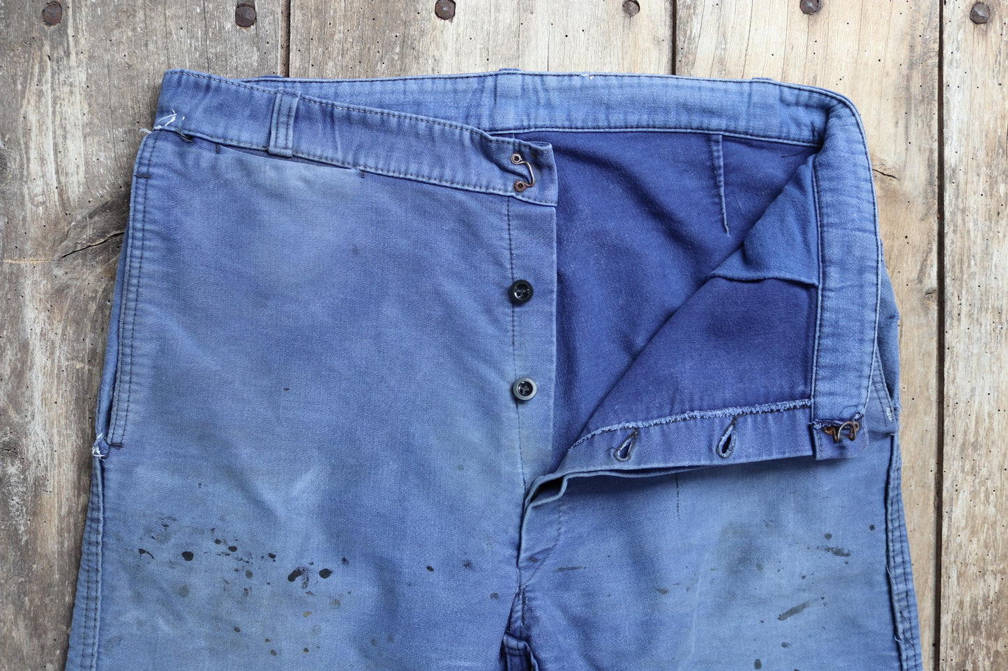 Vintage 1950s French workwear trousers - Le Mont St Michel chore pants - blue moleskin - 34” x 27”