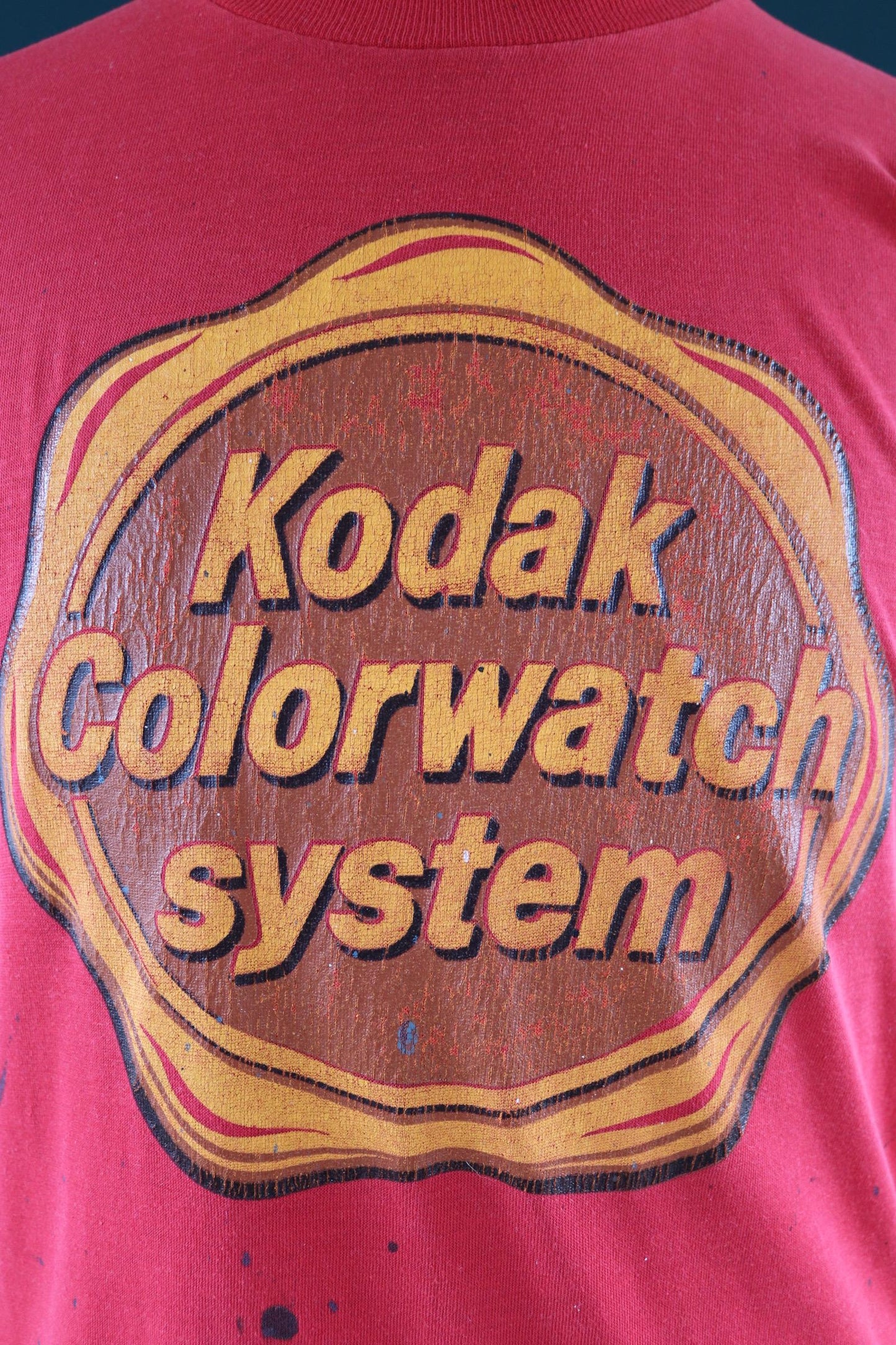 Vintage 1990s red Kodak t shirt - paint splattered - 40” chest