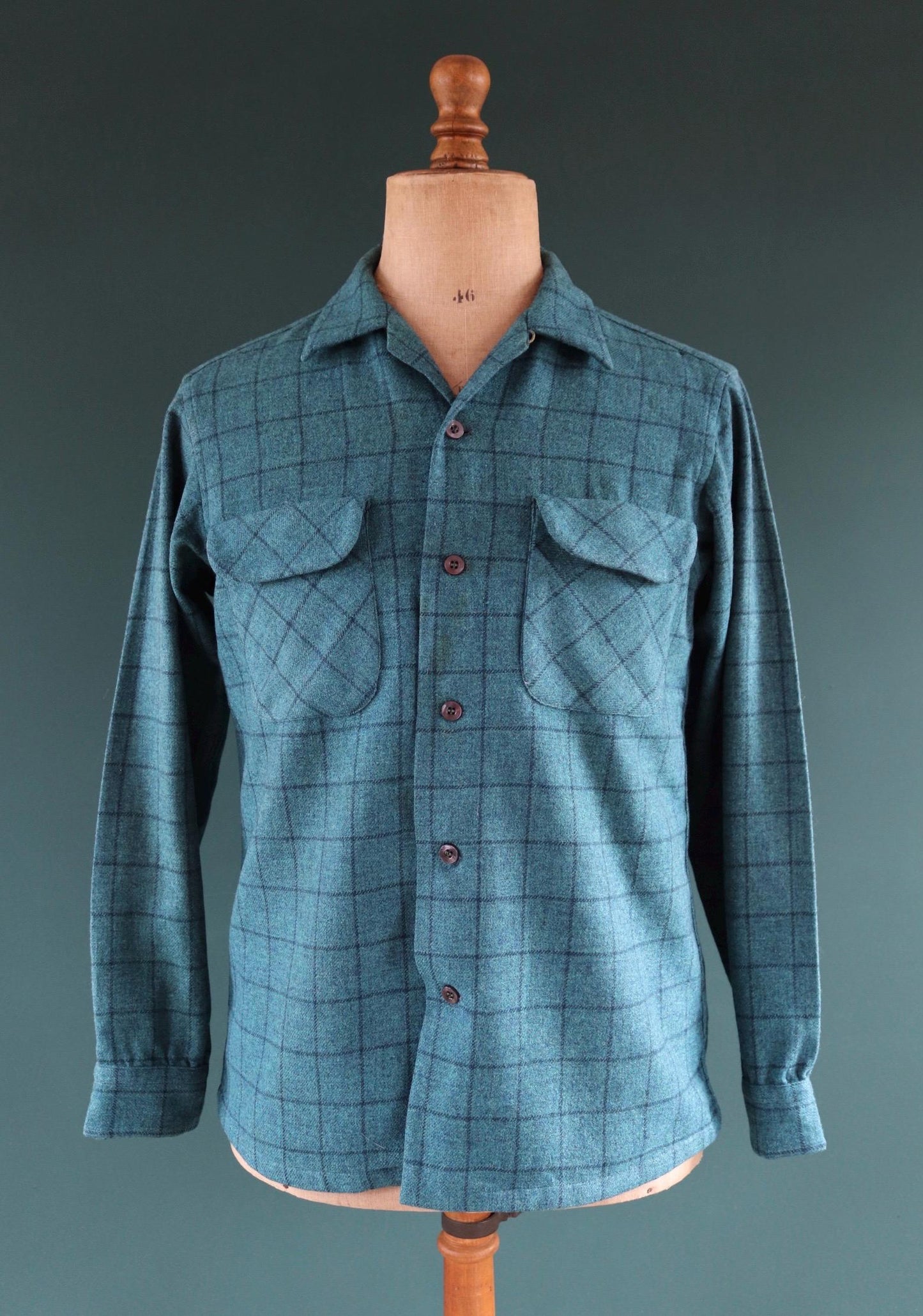 Vintage 1980s Pendleton wool board shirt - teal blue plaid - 42” chest