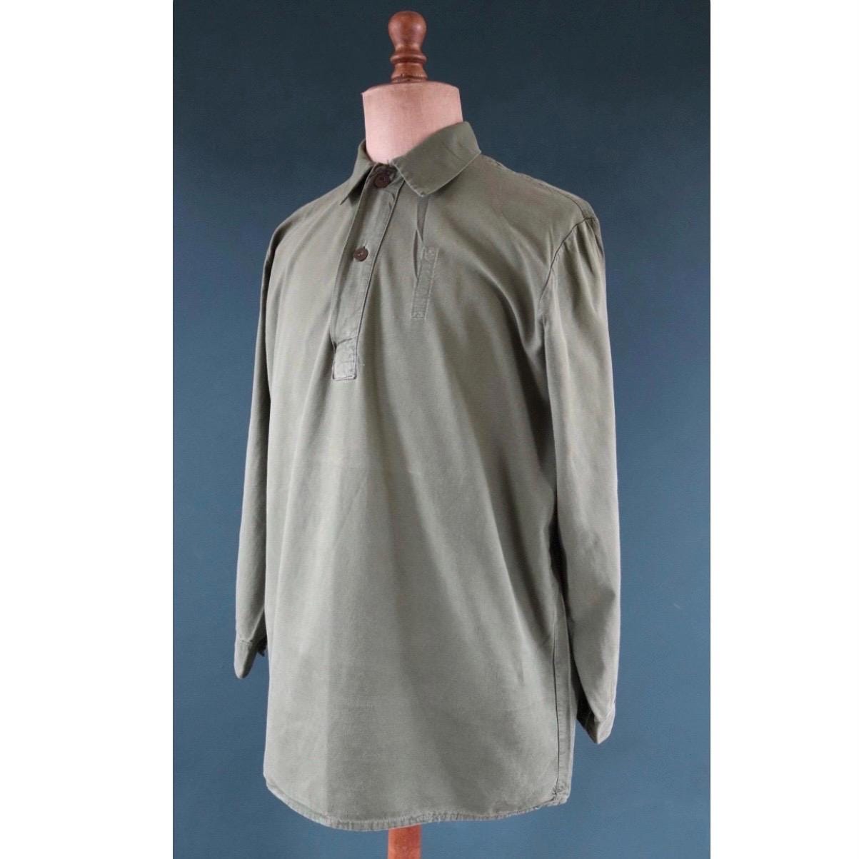 Vintage 1970s Swedish military shirt - M59 - army workwear - fältskjorta - green cotton smock - 48” chest