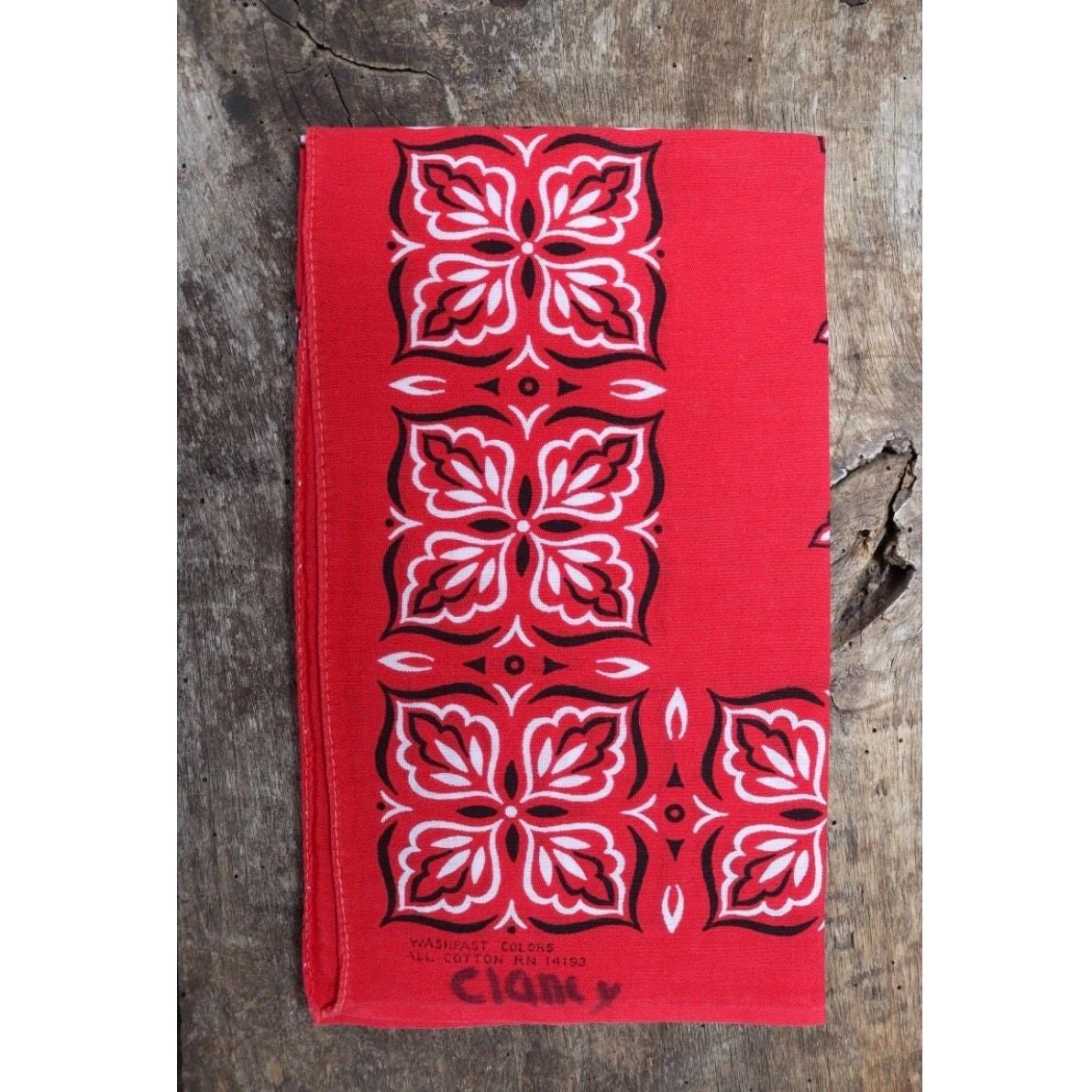 Vintage 1960s red cotton bandana - printed pocket square - workwear neckerchief - 22” x 19” - colourfast - RN 14193