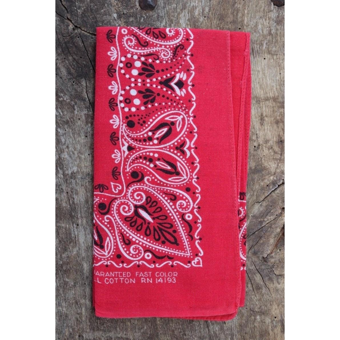 Vintage 1960s red cotton workwear bandana - printed pocket square - colorfast neckerchief - RN 14193
