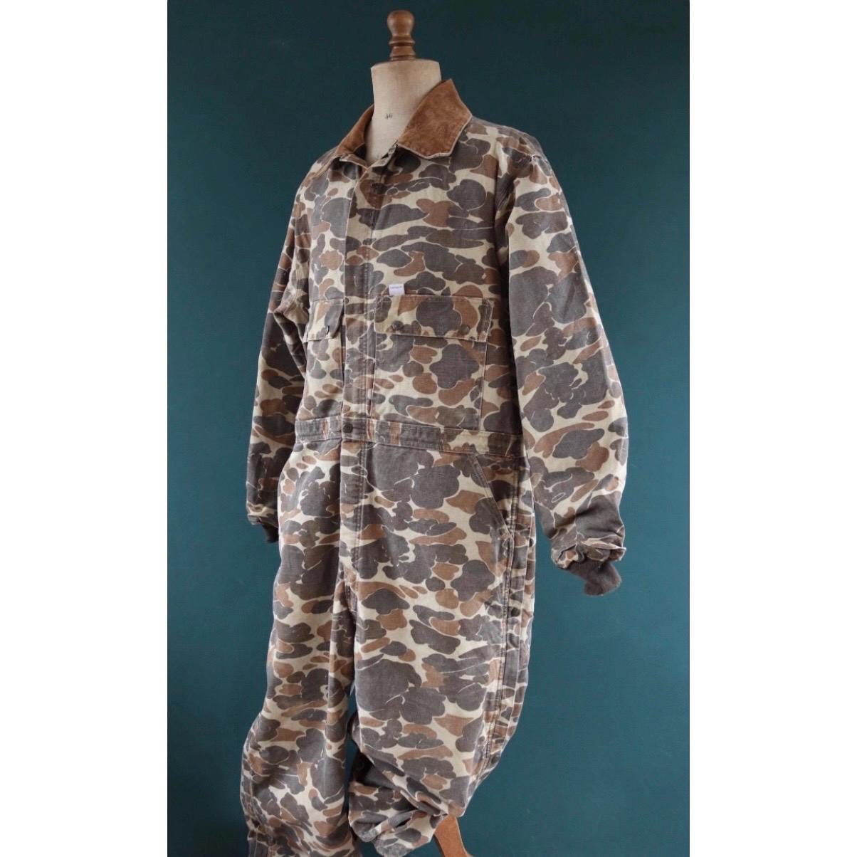 Vintage 1980s Carhartt coveralls - workwear overalls - woodland camo duck cotton - Union Made denim - 54" x 46" x 30