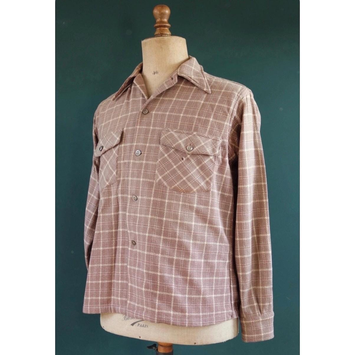 Vintage 1940s wool Arrow shirt - brown lavender heather plaid - 46” chest - swallowtail collar