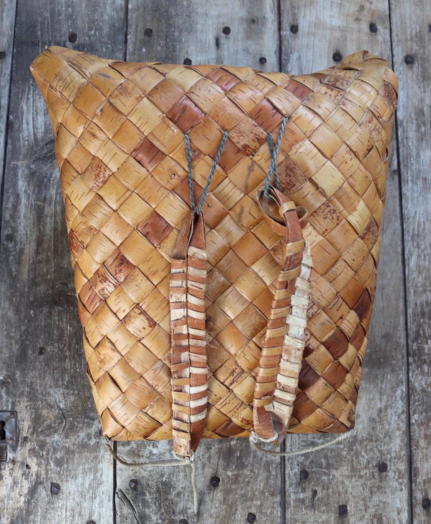 Vintage Swedish woven birch bag - birch bark rucksack - folk art - traditional weaving
