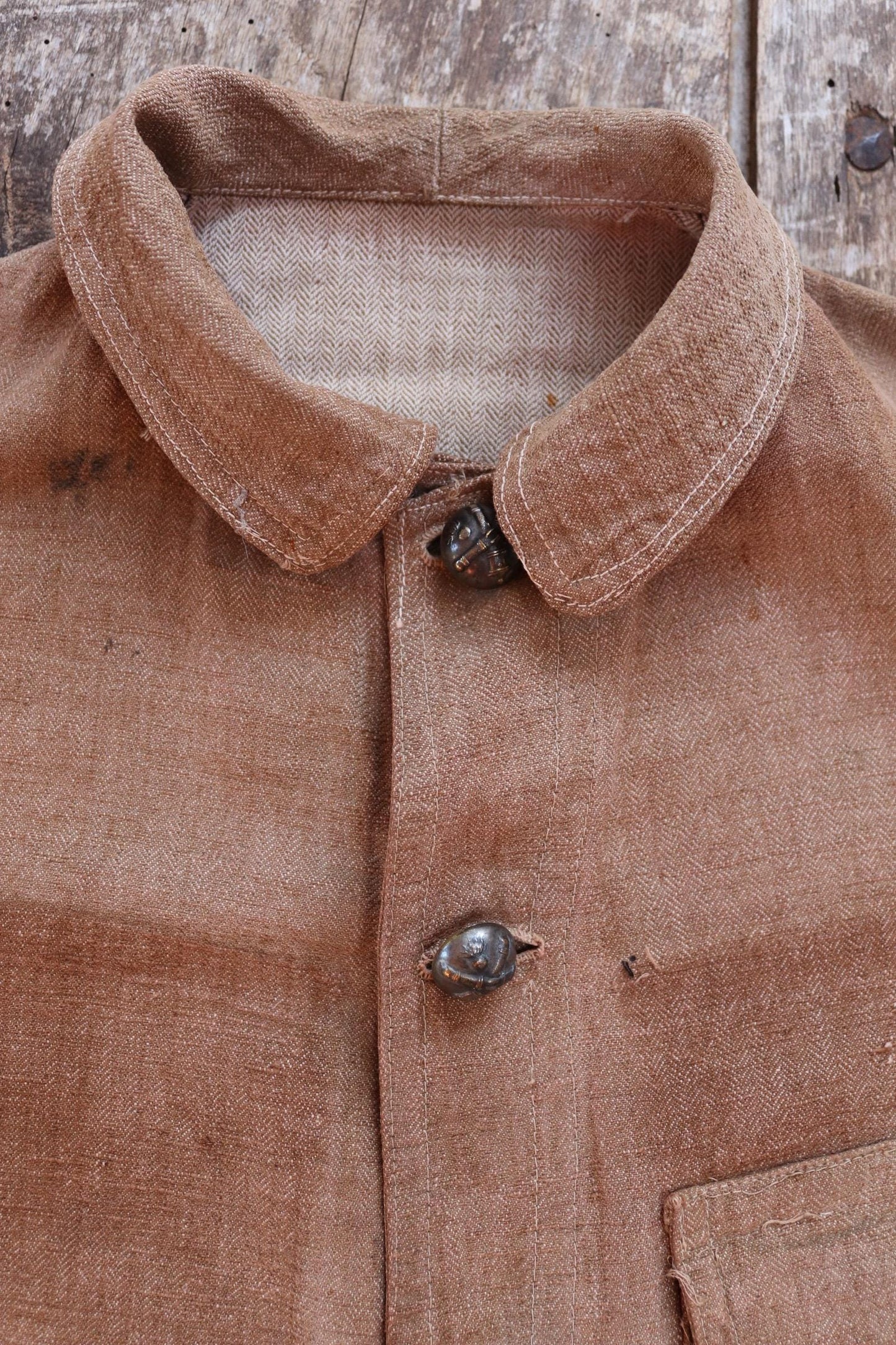 Antique 1800s French workwear jacket - 1900s herringbone linen - military bourgeron - hand repaired - 34” chest