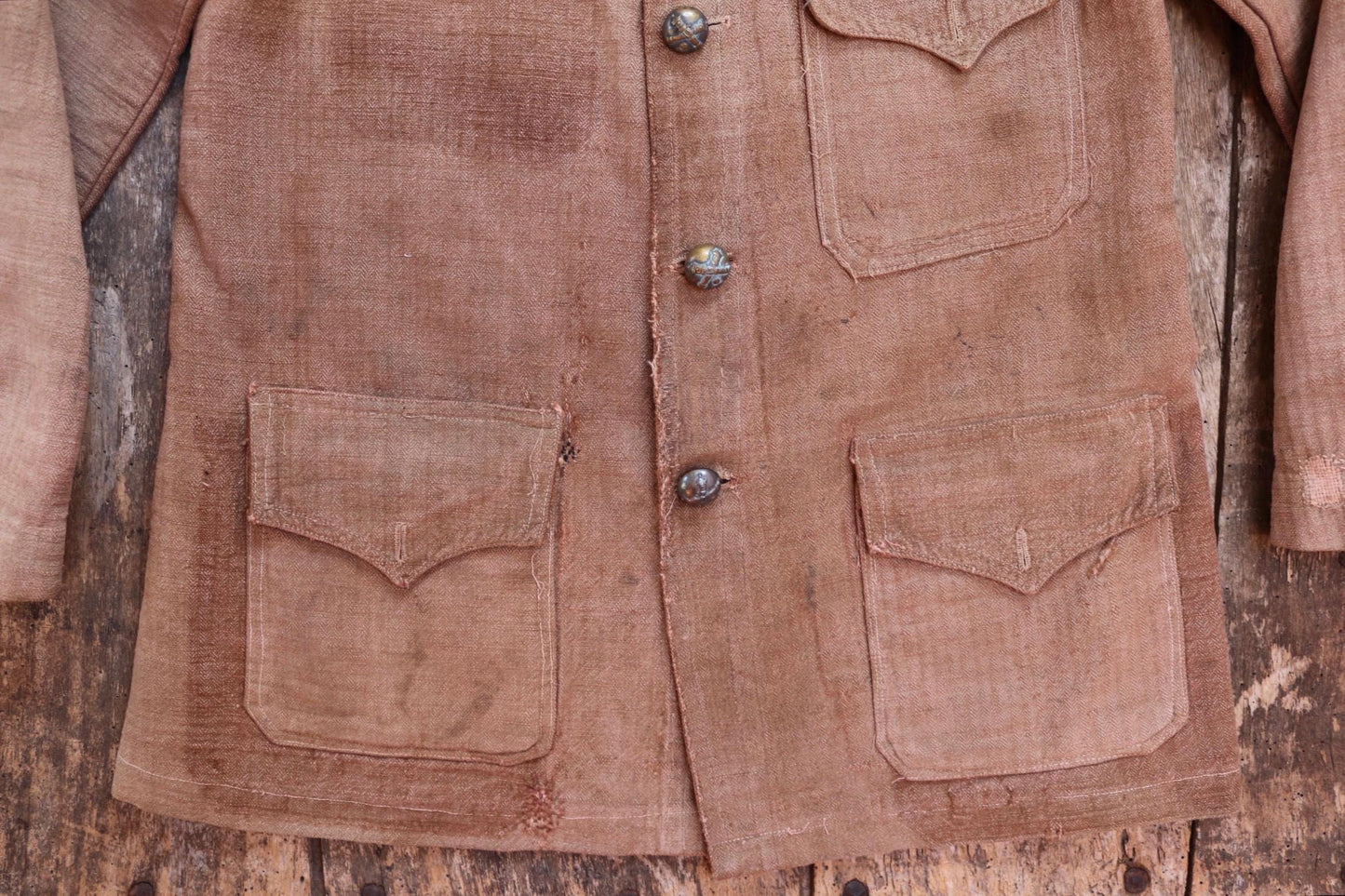 Antique 1800s French workwear jacket - 1900s herringbone linen - military bourgeron - hand repaired - 34” chest