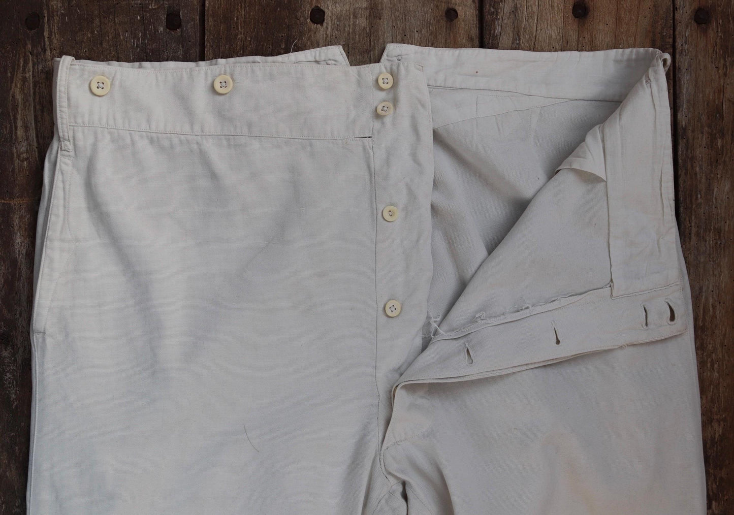 Vintage 1920s 30s French white cotton trousers - buckle back pants - 42” x 31”