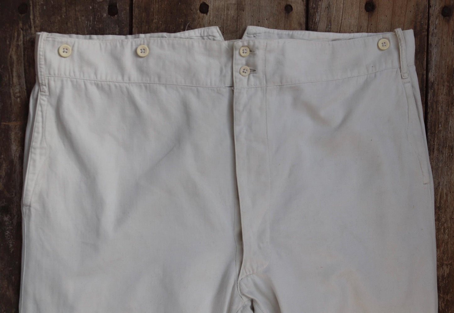 Vintage 1920s 30s French white cotton trousers - buckle back pants - 42” x 31”